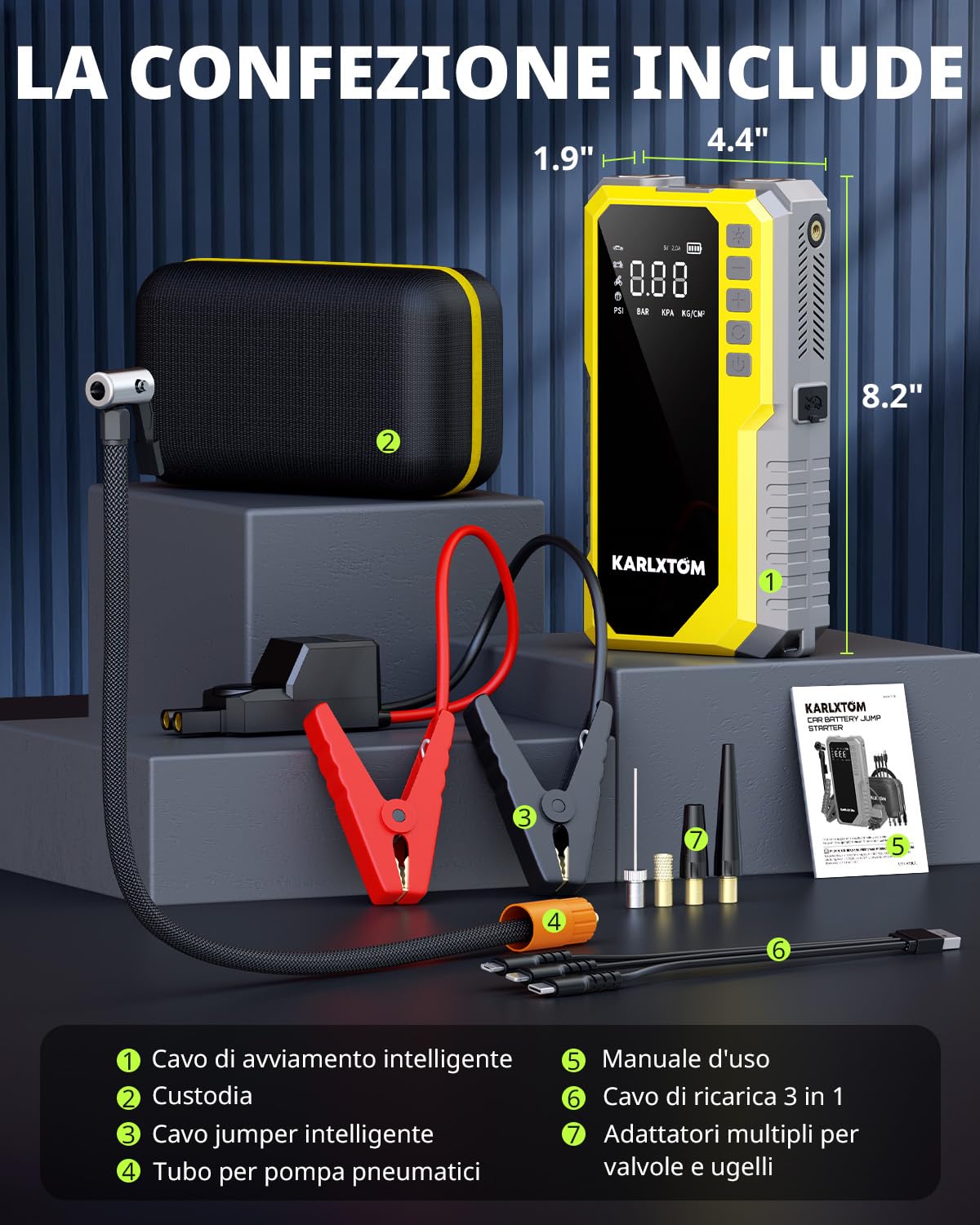 Karlxtom Booster Avviamento Auto con Compressore 190PSI, 12V Avviatore Batteria Auto (Tutto Gas/10L Diesel), Ingresso/Uscita Alimentazione di Avviamento e Luce LED da 500 LUM, Display LCD