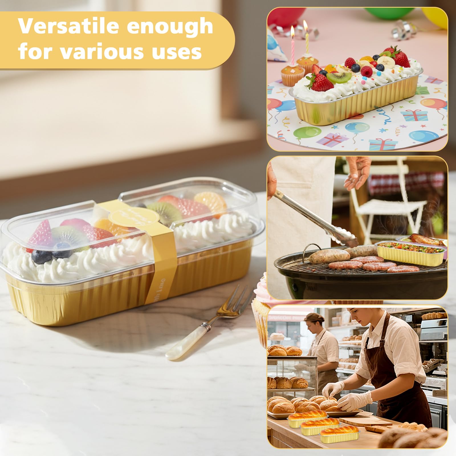 Ruckae Paquete de 100 mini moldes para pan con tapas y cucharas, desechables, de aluminio, rectangulares, para hornear, fiestas, picnics, regalos (dorado)