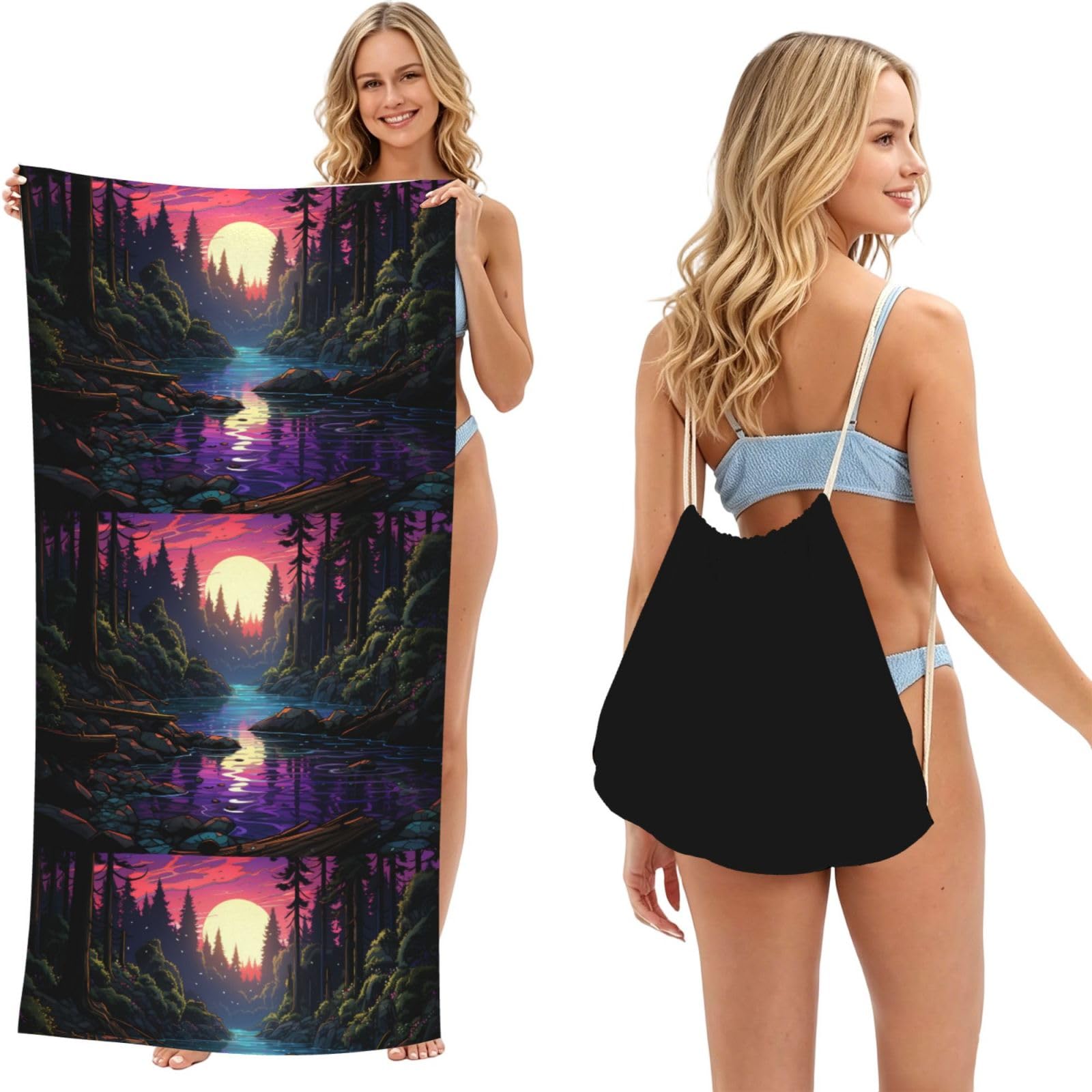 SKGOHLH Riverside moon 2in1 Packable Beach Towel Bag Women