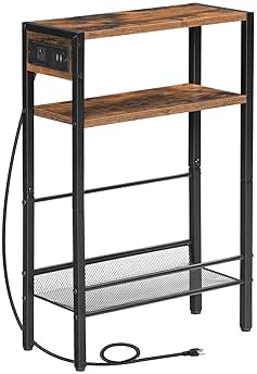 HOOBRO Small Narrow Side Table with Charging Station, Skinny End Table for Small Spaces, Slim Nightstand with USB Ports Outlet, Sofa Beside Table with Storage Shelf, Rustic Brown and Black BF102UBZ01