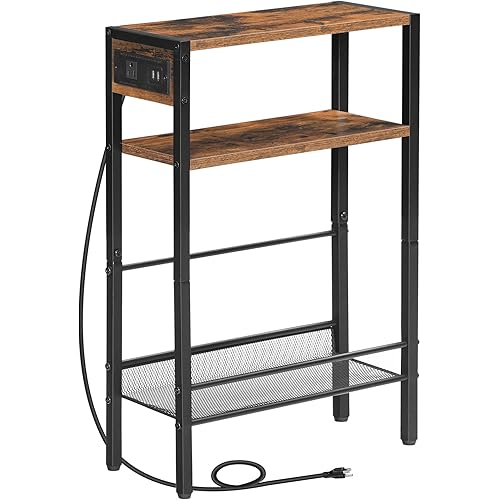 HOOBRO Narrow End Table, Side Table with Charging Station, 3-Tier Nightstand, Bedside Table with Protective Rails, for Small Space, Living Room, Bedroom, Office, Rustic Brown and Black BF102UBZ01