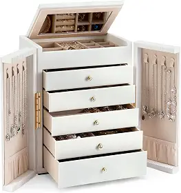 Dajasan Caixa organizadora de joias grande, estojo de armazenamento de joias de 6 camadas com 5 gavetas, caixas de joias para mulheres e meninas com espelho, porta dupla, couro sintético texturizado