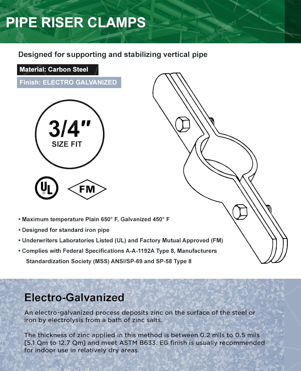 Highcraft DMST-HF34-10 Riser Clamp Vertical Pipe Hanger for Copper, Iron, CPVC, PEX 3/4 in. Electro Galvanized Steel, 10 Pack