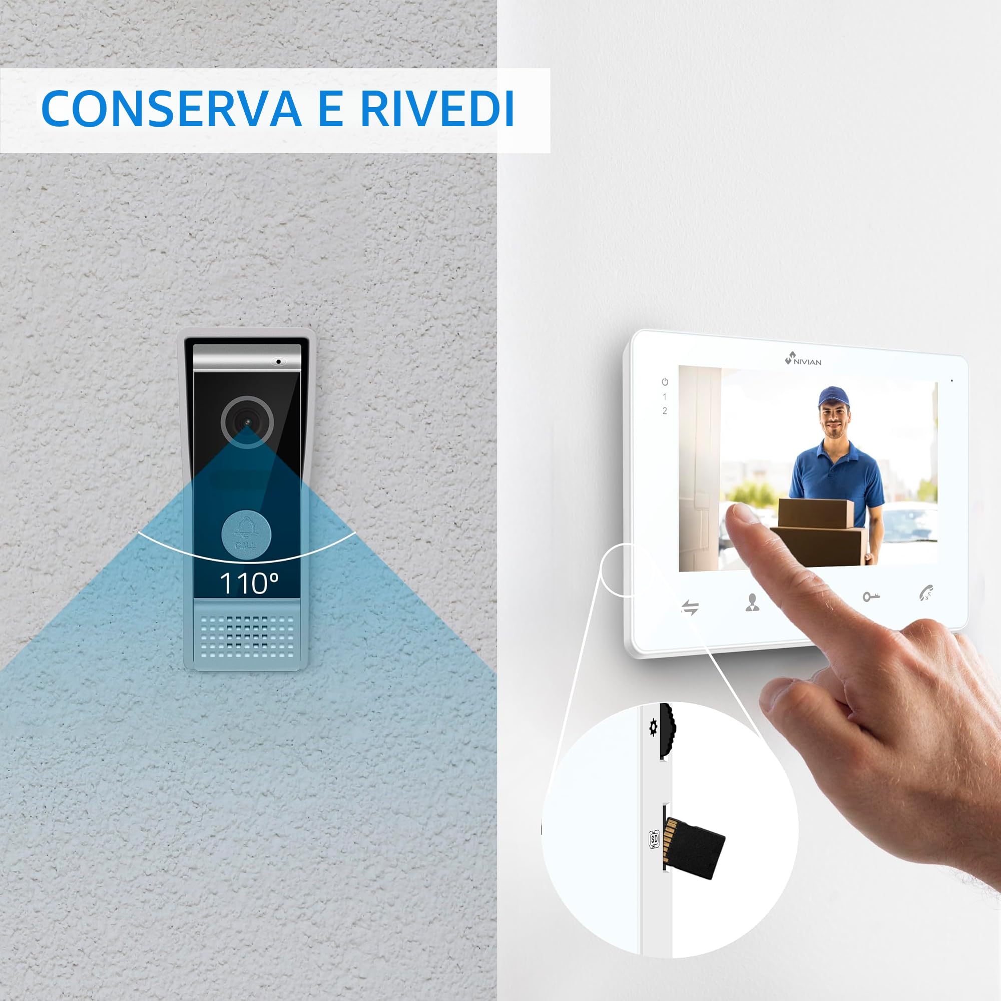 NIVIAN Videocitofono 2 Fili Analogico con Monitor 7" HQ Schermo Interno con Audio Bidirezionale | Piastra Esterna IP65 Antivandalica con Visione Notturna, Apriporte Elettrico. Smart Security