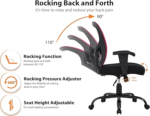Vista 4 de Silla de oficina ergonómica de malla grande y alta, capacidad de 400 libras, soporte lumbar y reposabrazos ajustables, color rojo