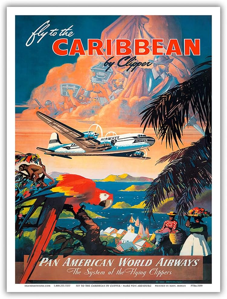 Pacifica Island Art Fly to the Caribbean by Clipper - Pan American World Airways - Vintage Airline Travel Poster by Mark Von Arenburg c.1940s - Master Print (Unframed) 9in x 12in