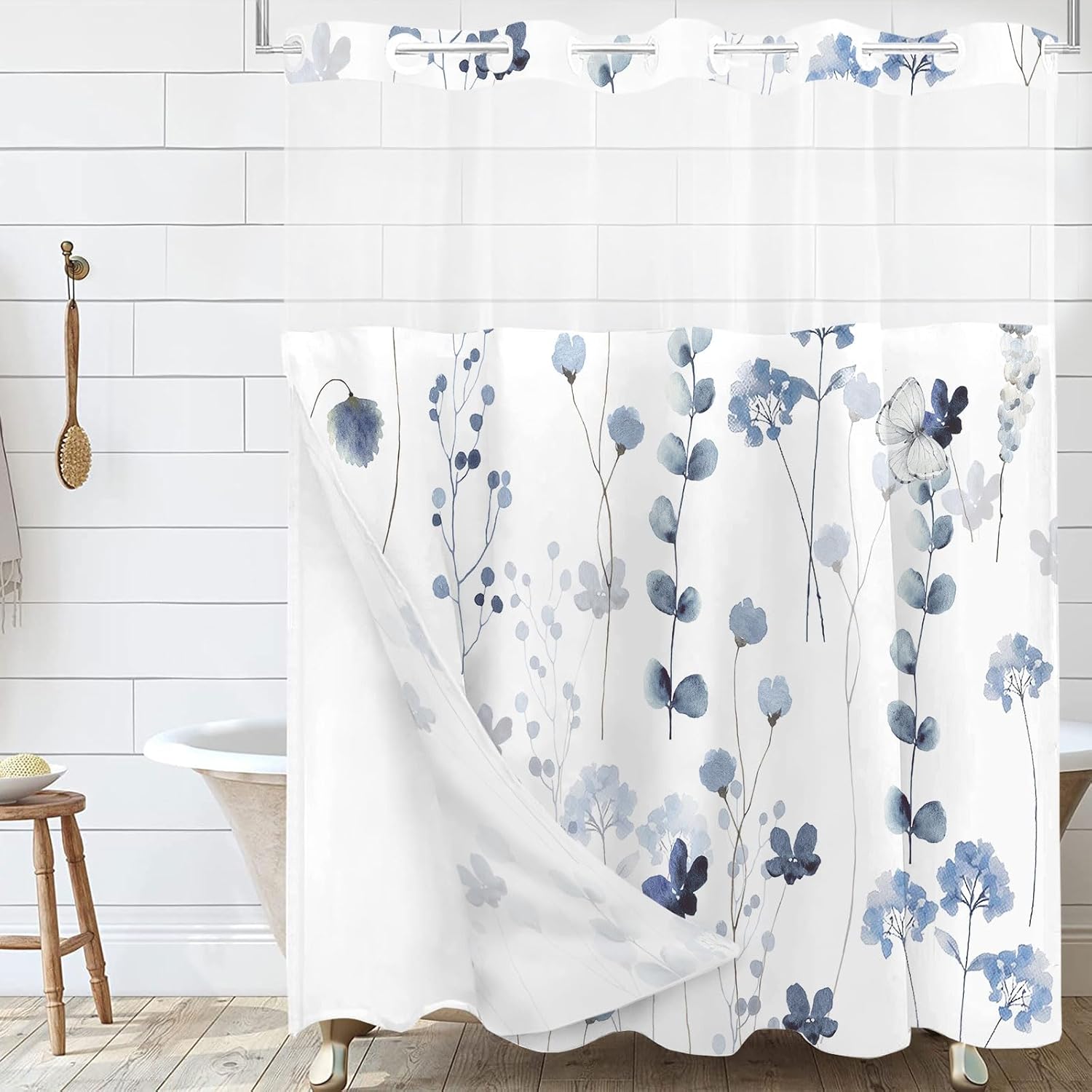 Amazon.com: Blue Floral No Hook Shower Curtain with Snap in Liner ...