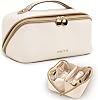 Prite Large Capacity Makeup Bag Portable Travel Cosmetic Bag Waterproof Toiletry Case with Clear Divider and Handle Beige