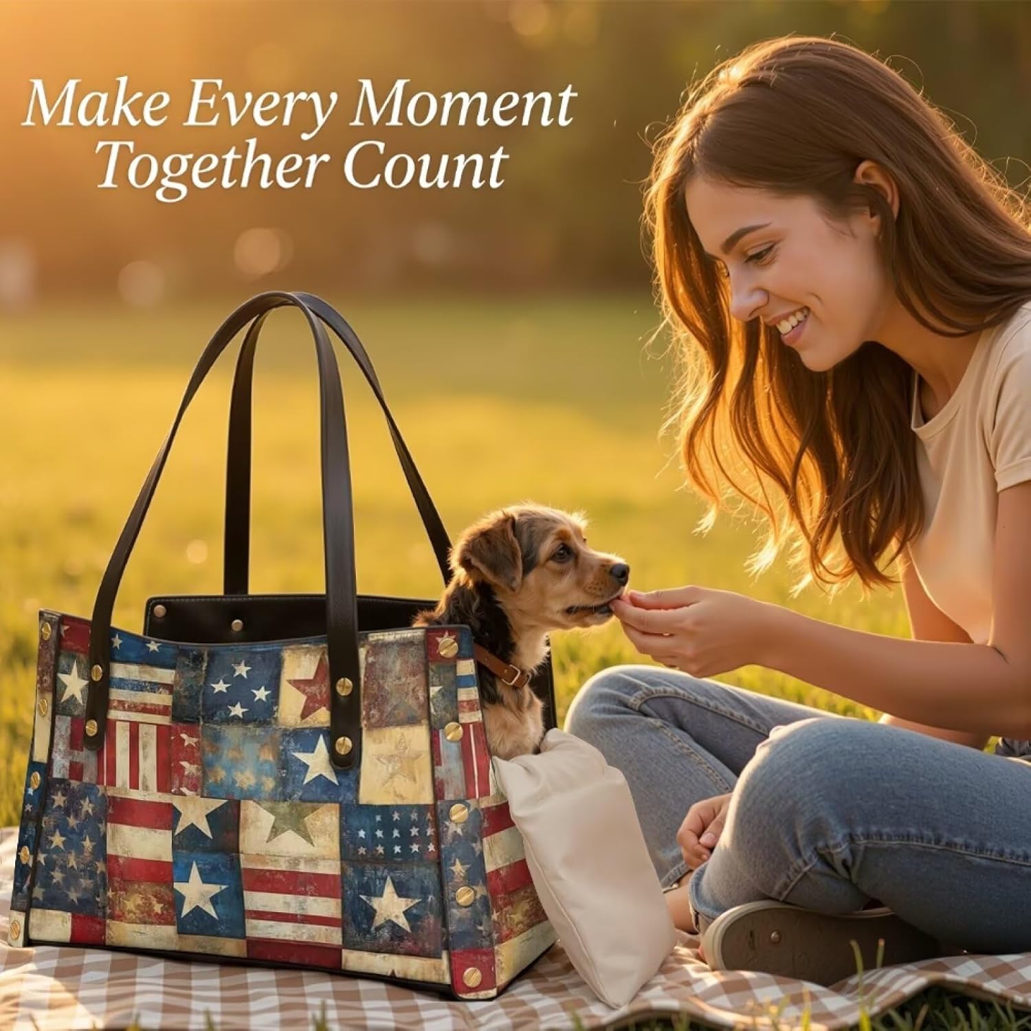 FUSURIRE Top Handle Leather Pet Carrier, Portable Dog Purse with Removable Cushion, Waterproof Travel Handbag for Small Dogs and Cats，Ameican Flag Patchwork Print