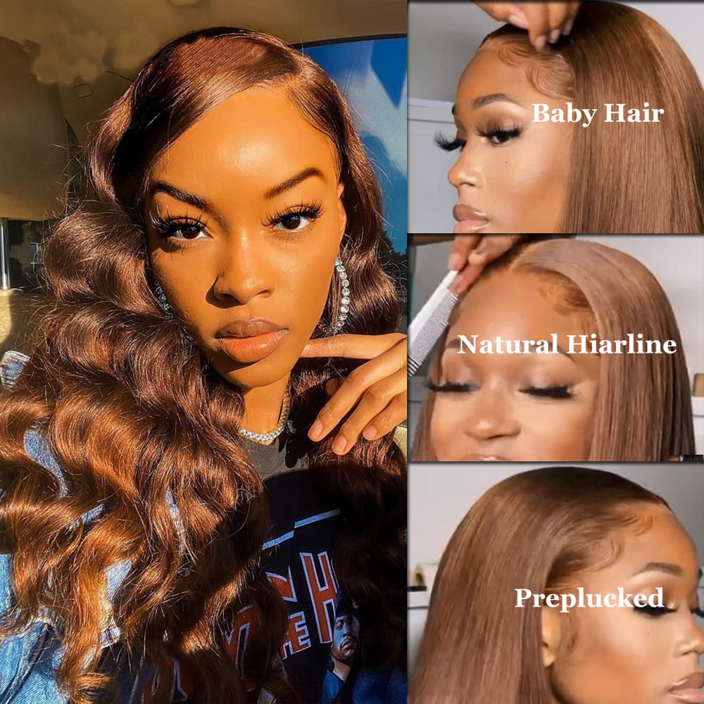 Brown Body Wave Lace Front Human Hair Wig for Black Women - Pre Plucked Brazilian Remy Hair, 150 Density, 14 Inch