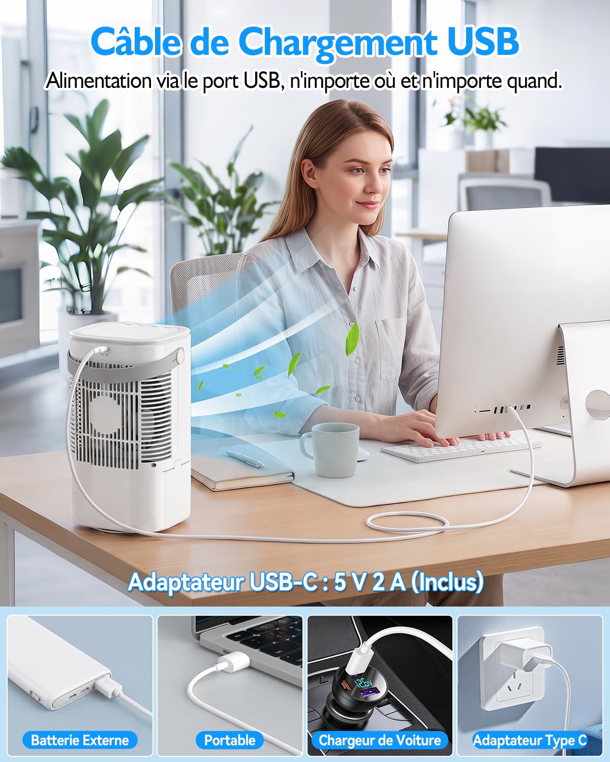 Climatiseur Portable, 4-En-1 Refroidisseur par éVaporation avec 3 Vitesses & 2 Modes Brumisation, 900 Ml Mini Climatiseur, Ventilateur USB avec LumièRe Rgb & 2/4h Minuterie pour Chambre Bureau Camping