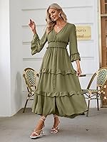 Vista 3 de Amegoya Vestido largo bohemio de manga larga con cuello en V para mujer, vestido largo de compromiso para invitadas de boda