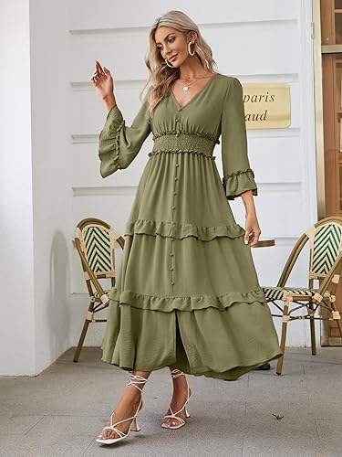 Vista 6 de Amegoya Vestido largo de manga larga con cuello en V bohemio para mujer, de verano, para invitadas de boda, de estilo fluido, para compromisos