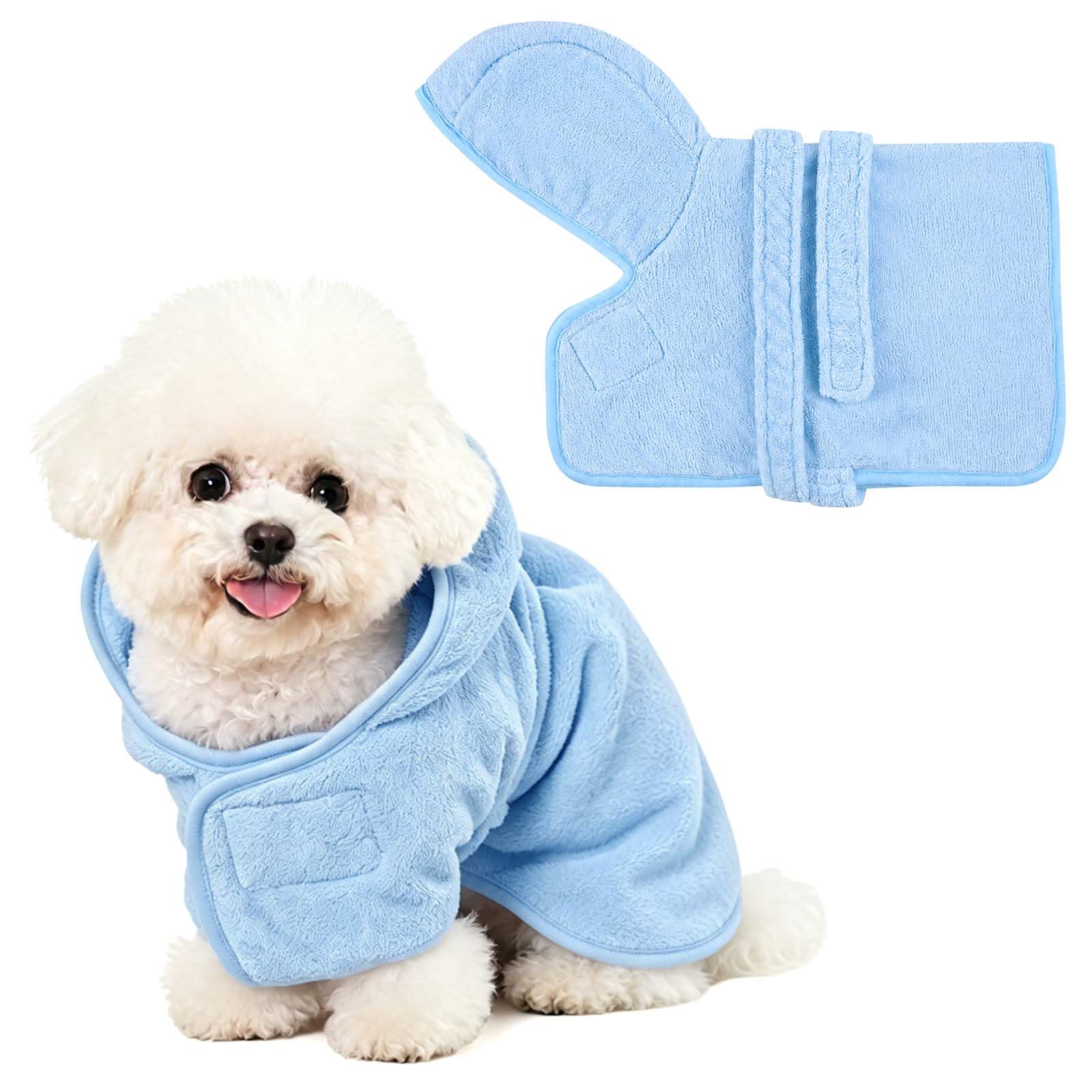 Yaopelky Dog Bathrobe Towel with Hood Super Absorbent Pet Bath Robe for Small Medium Dogs Quick Drying Doggy Bath Towel Coat with Adjustable Waistband Soft Pet Grooming Robe (Blue, L(Below 10kg))