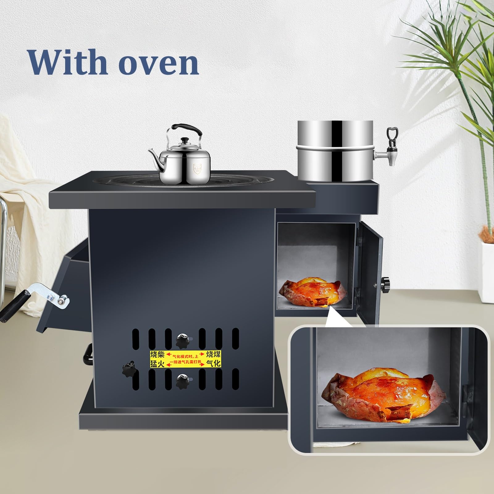 Stufa a legna resistente, rivestimento interno in ghisa, corpo in acciaio, stufa a legna con tubi per camino e forno per riscaldamento interno ad alta efficienza energetica