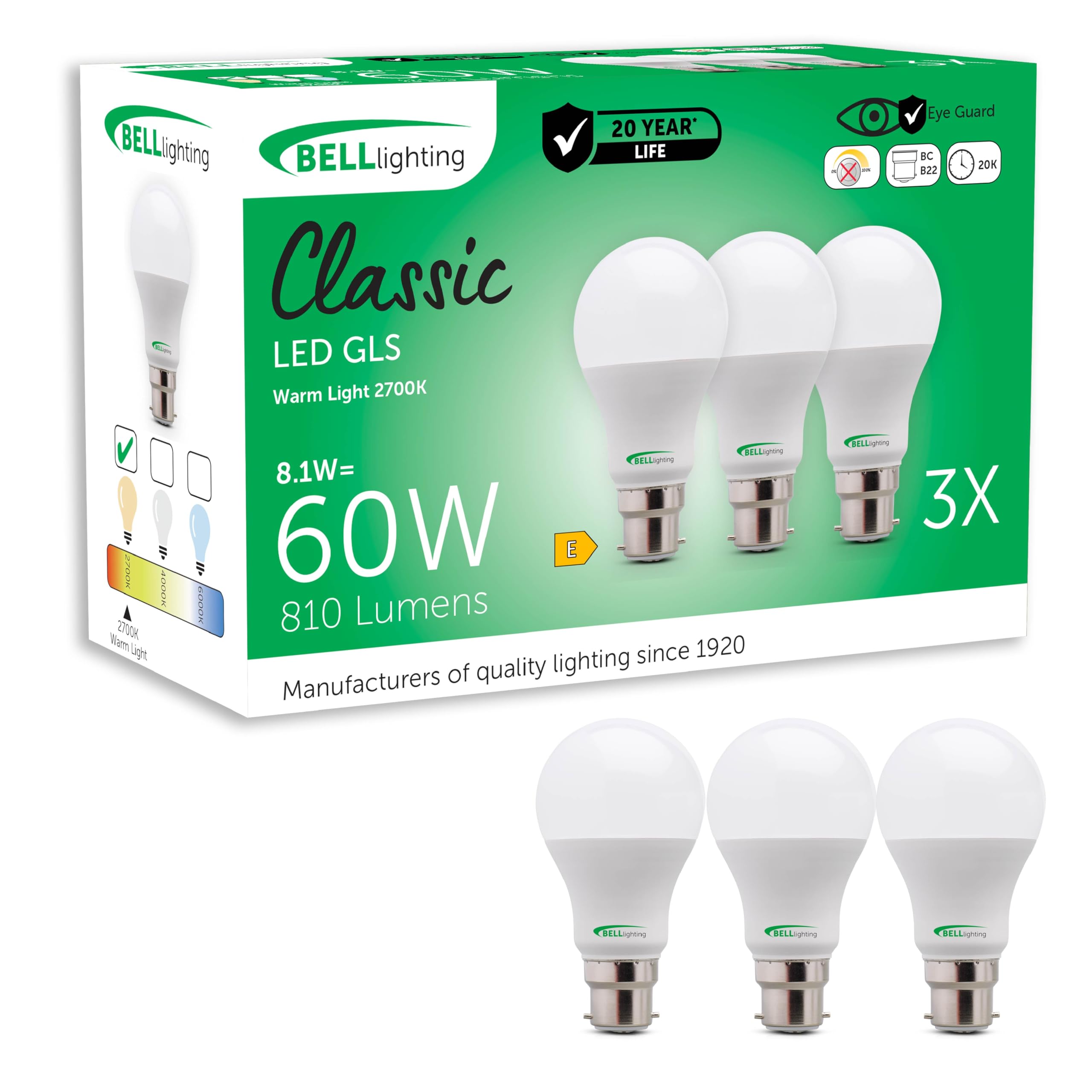 BELL Lighting B22 LED GLS Bulbs 3 Pack, Warm White - 2700k