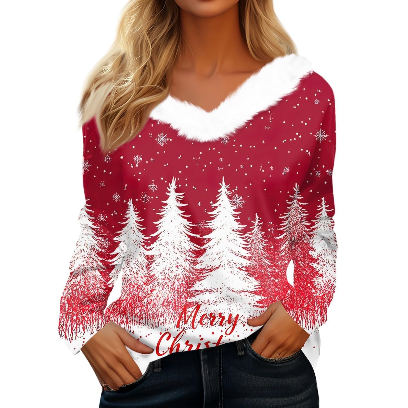 Ladies Festive Top V Neck Faux Fur Trim Long Sleeve Christmas Shirt,Red,S