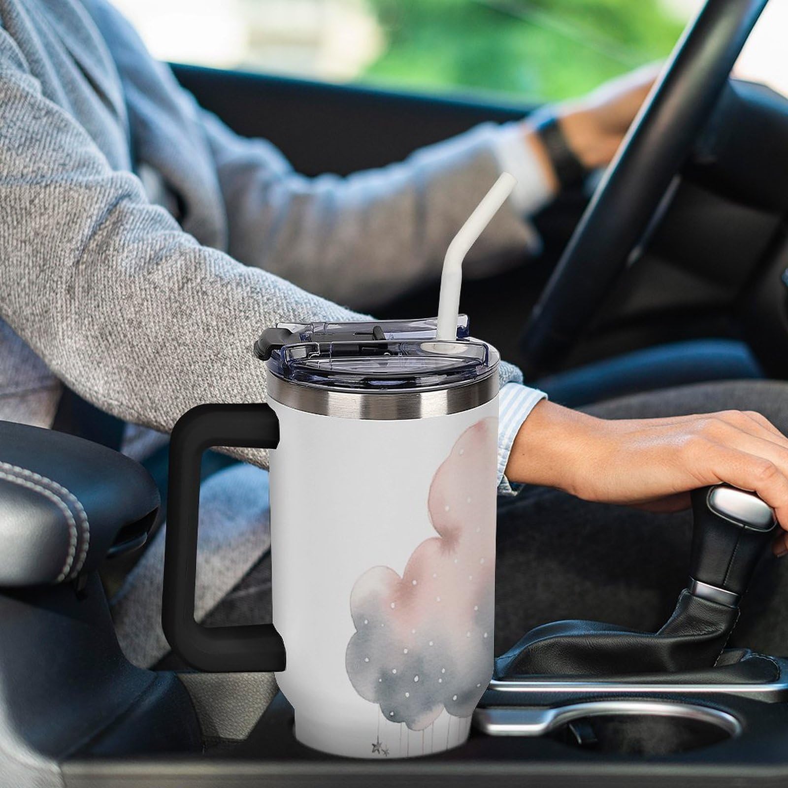 Autobecher aus 304 Edelstahl, mit Strohhalm und auslaufsicherem Deckel, großes Fassungsvermögen, vakuumisolierter Reisebecher für Auto-Becherhalter, 1,2 l