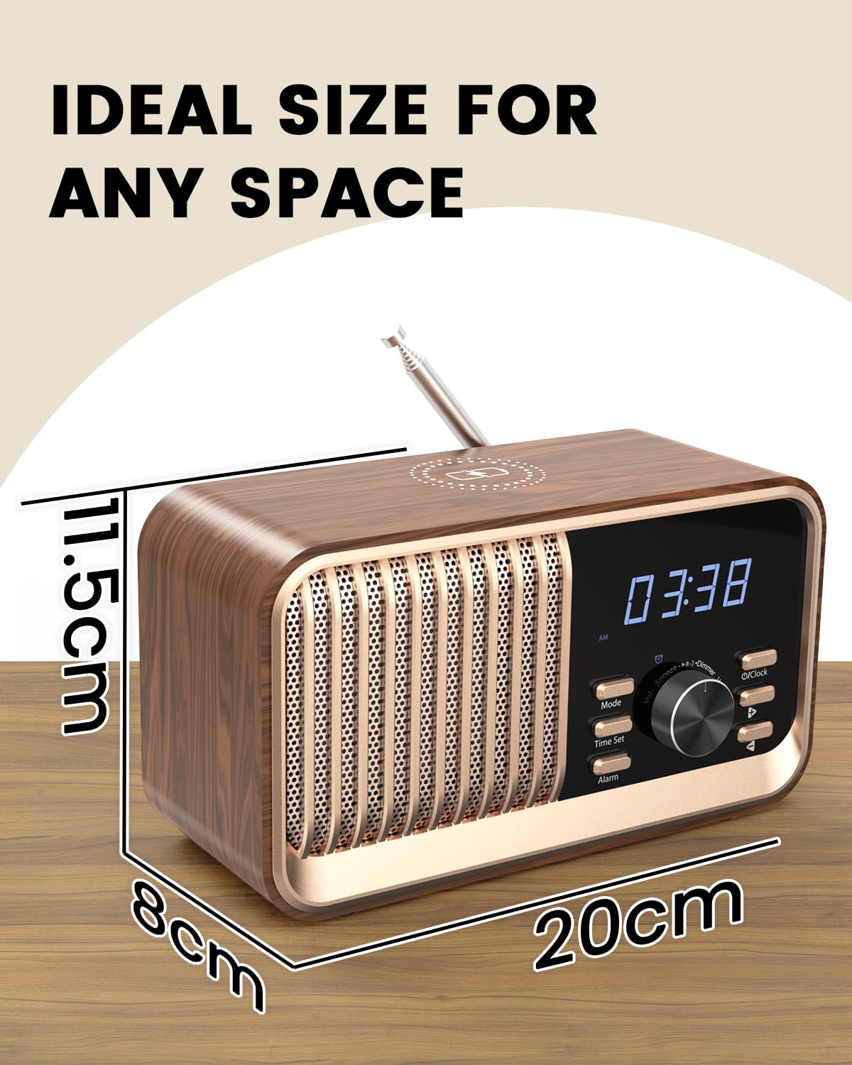 MONODEAL Radio despertador con función de carga, radio FM con altavoz Bluetooth (8 W), función de repetición, puerto USB, ranura para tarjeta TF, función de atenuación para el dormitorio