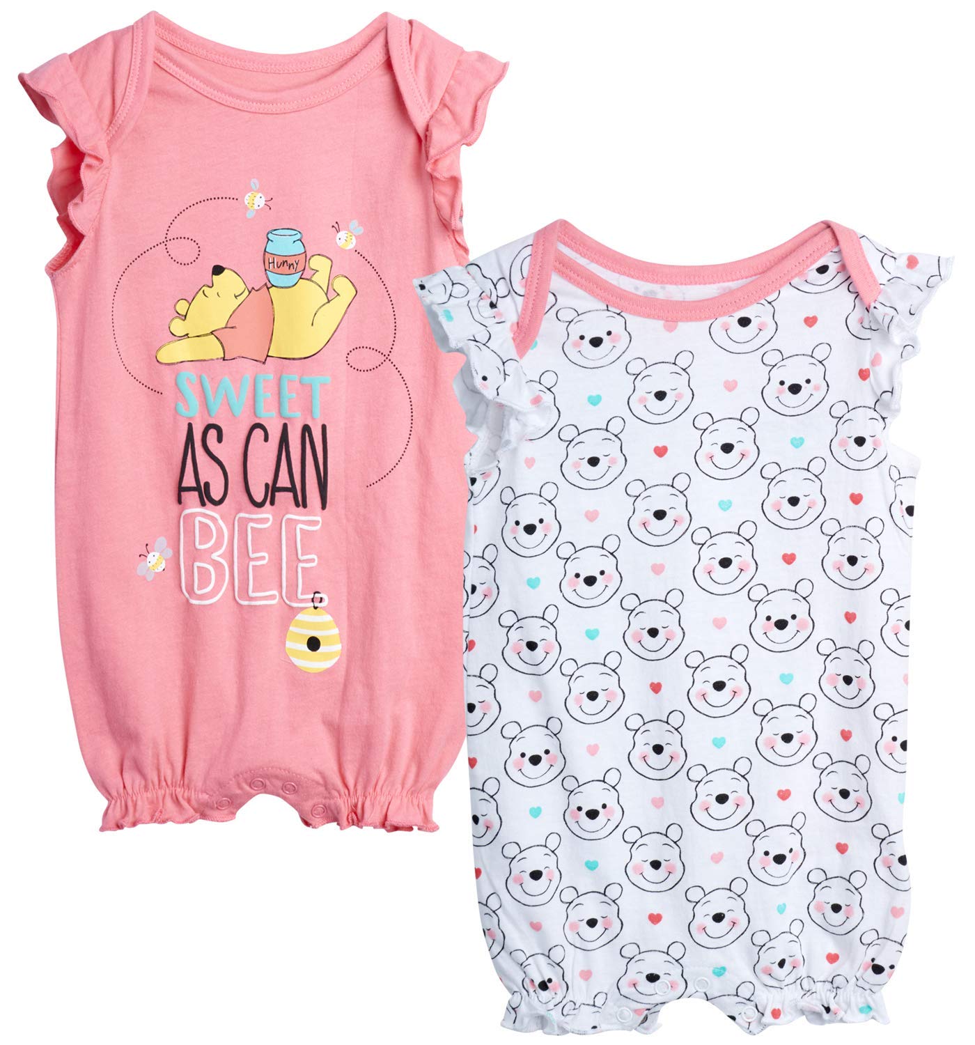 Disney Baby Girls Romper 2 Pack: Minnie Mouse Ruffle Sleeve Romper (Newborn/Infant), Size 0-3 Months, Sweet As Can Be Pink Pooh/White Multi Pooh