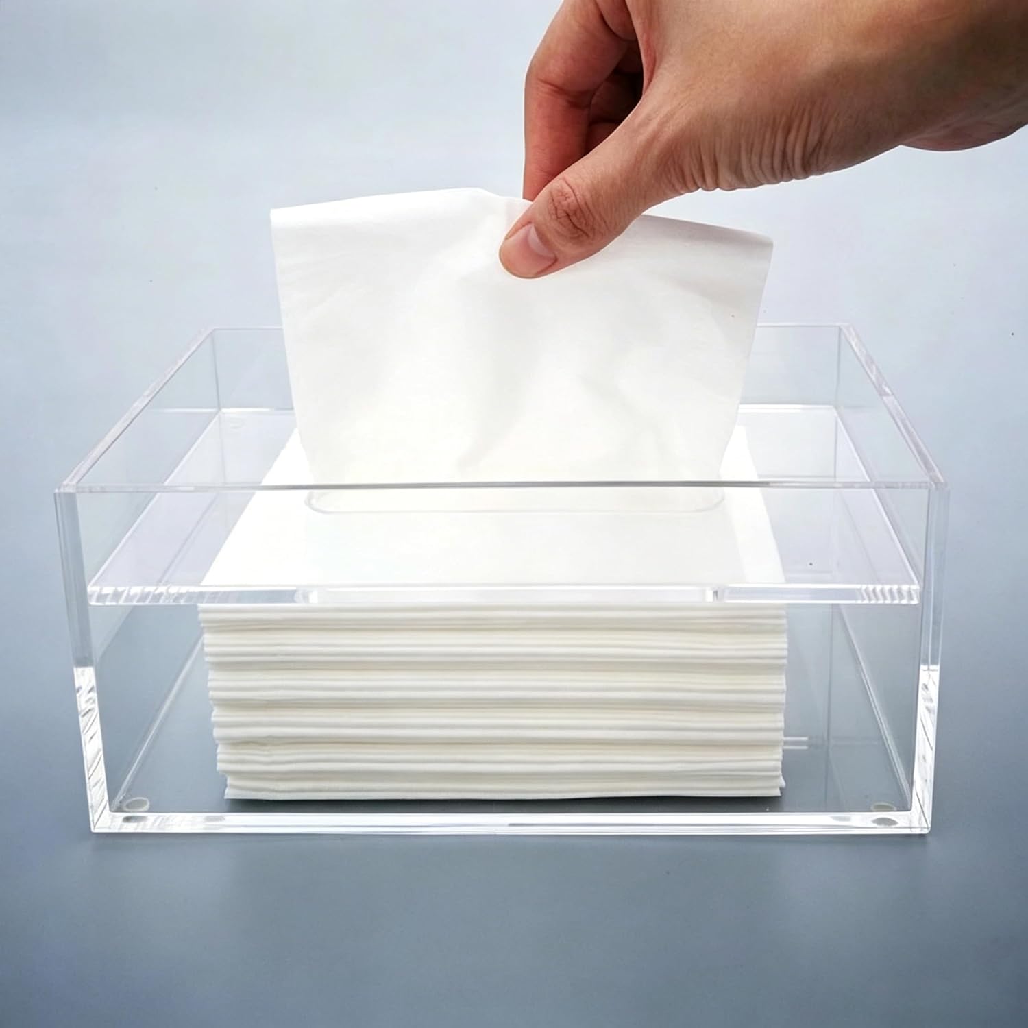 Gravity Pressing Acrylic Tissue Box. Transparent Body. Top Plate self-Weight Presses evenly. Last Sheet dispenses Easily. for Kitchen, Bathroom, Office.