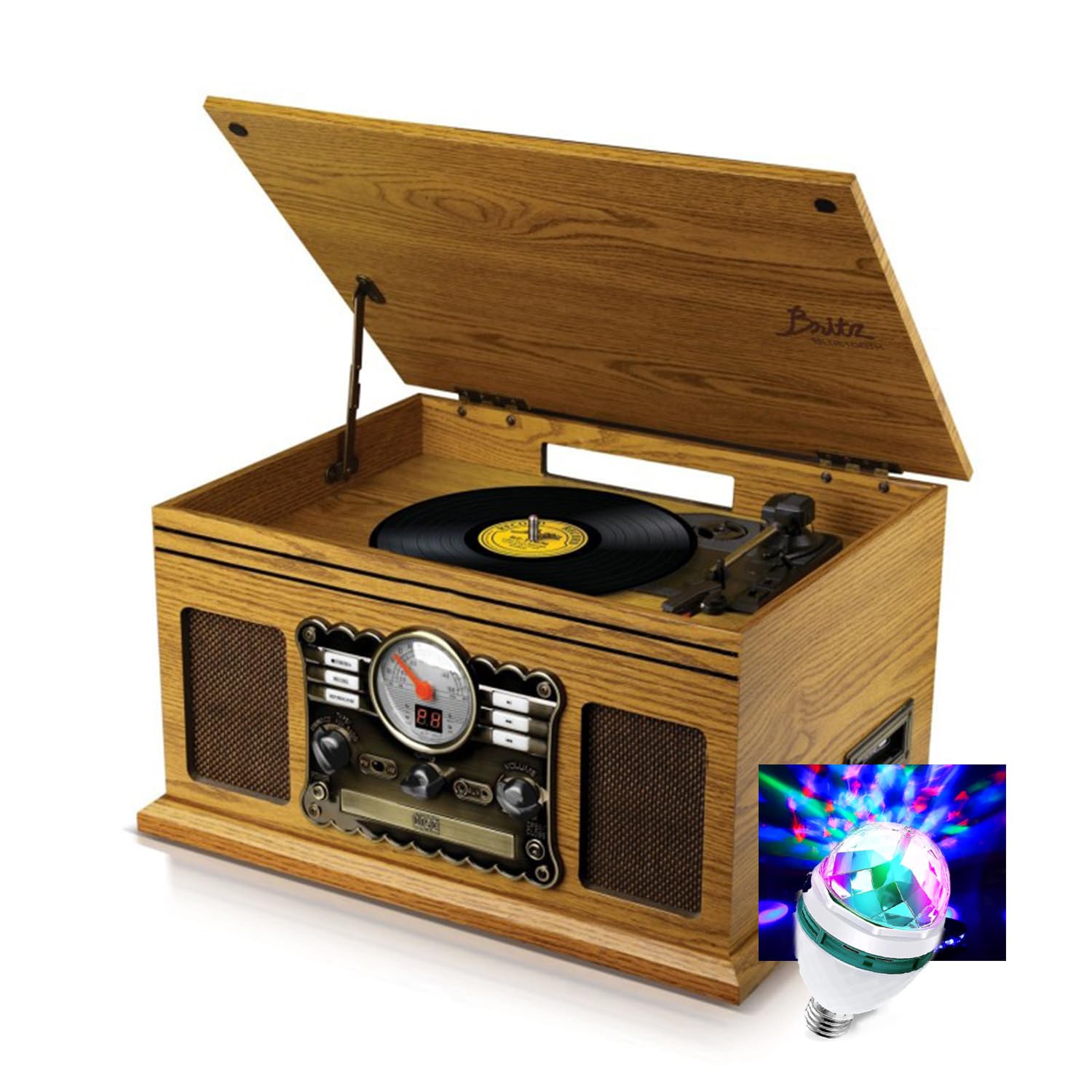 Tourne-Disque Stéréo - Britz - 50W- 33/45/78 Tours - Lecteur CD/Casette, USB SD/Bluetooth Radio FM/Look Retro, Ampoule