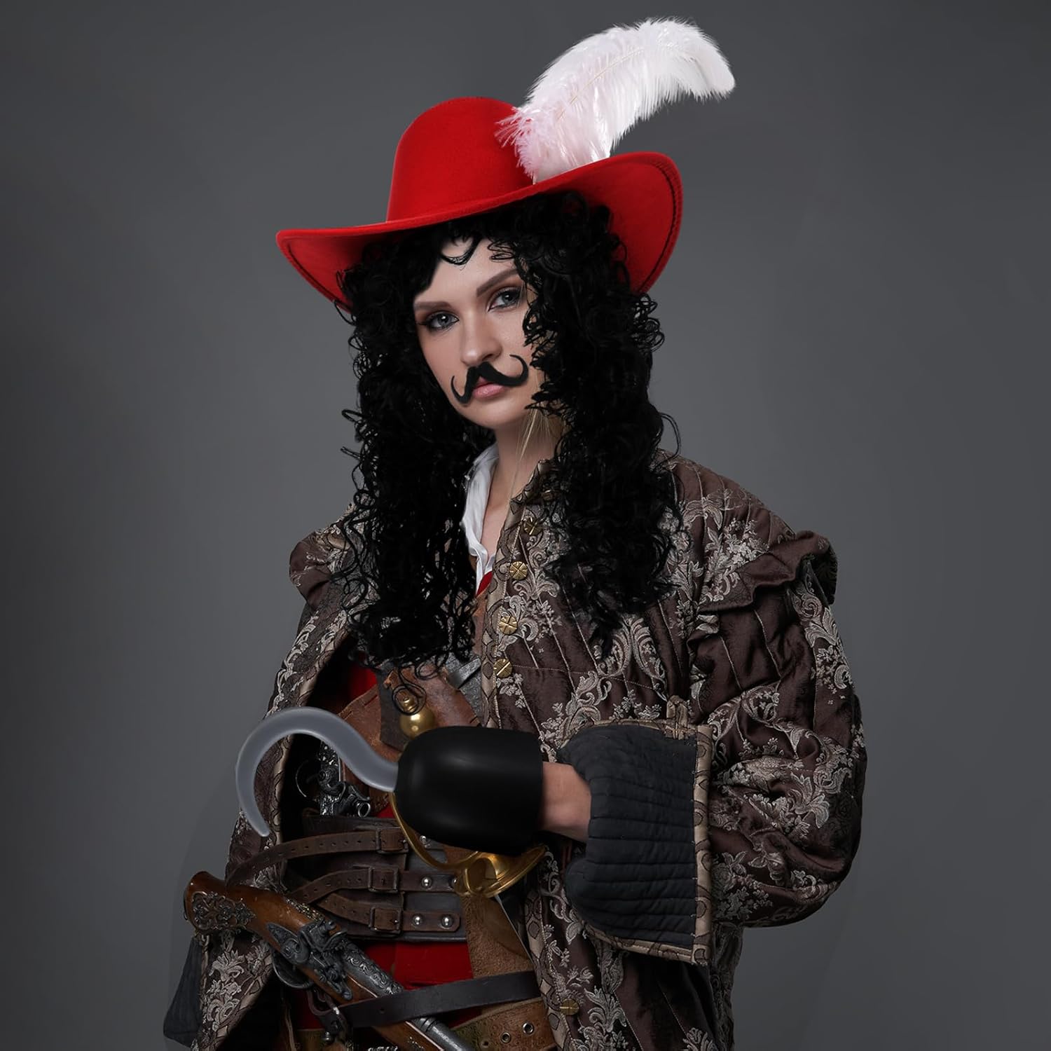 4 Pcs Halloween Pirate Captain Costume Accessories Including Hook Wig Mustache Feather Hat Halloween Themed Party Cosplay for Adult Men and Women Birthday Party Drama Performance - Image 5