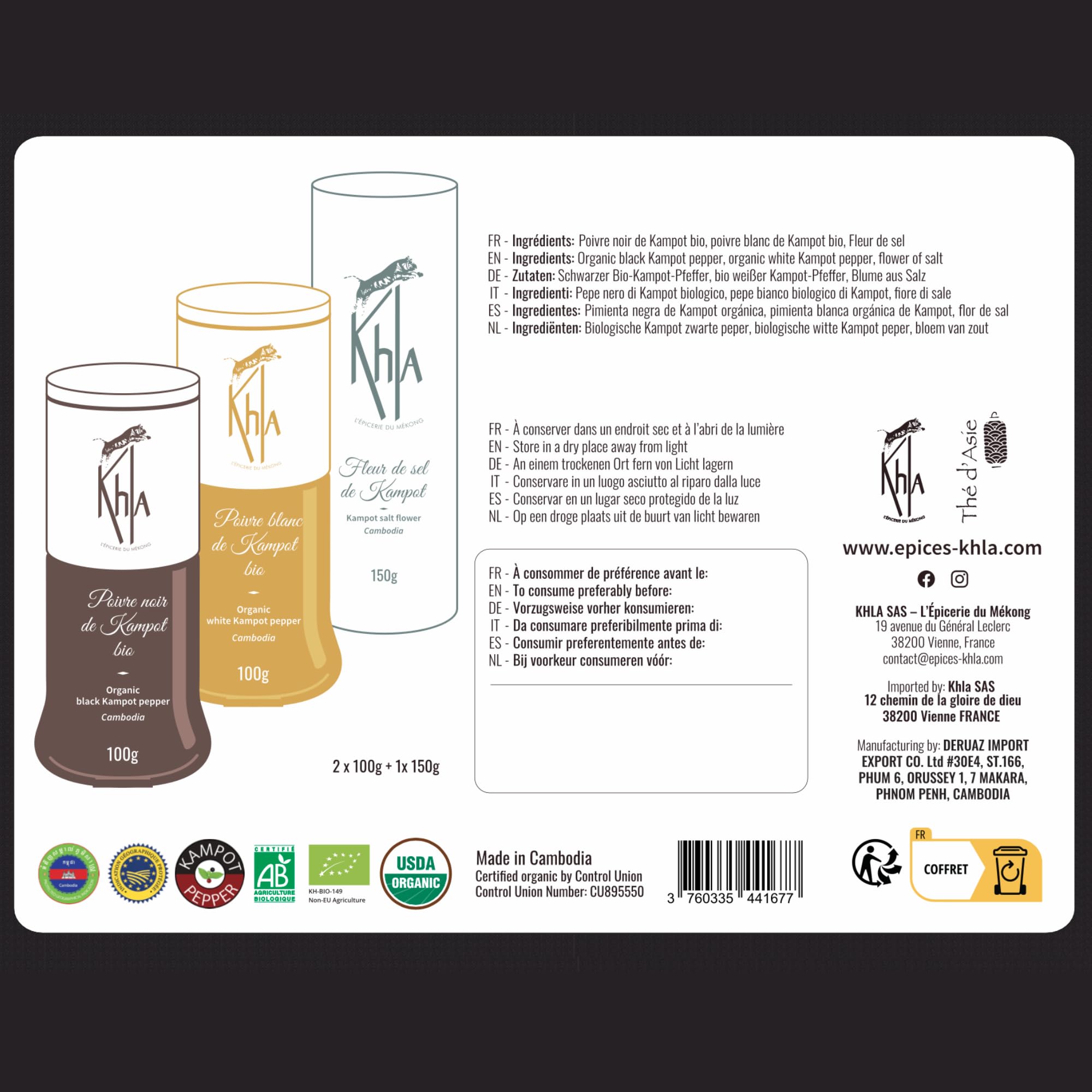 Khla - Coffret Moulins Poivres & Sel de Kampot - Coffret Cadeau - Poivre Noir, Poivre Blanc & Fleur de Sel - Grands Crus Rares - Poivre du Monde - Moulins Rechargeables - Origine Cambodge