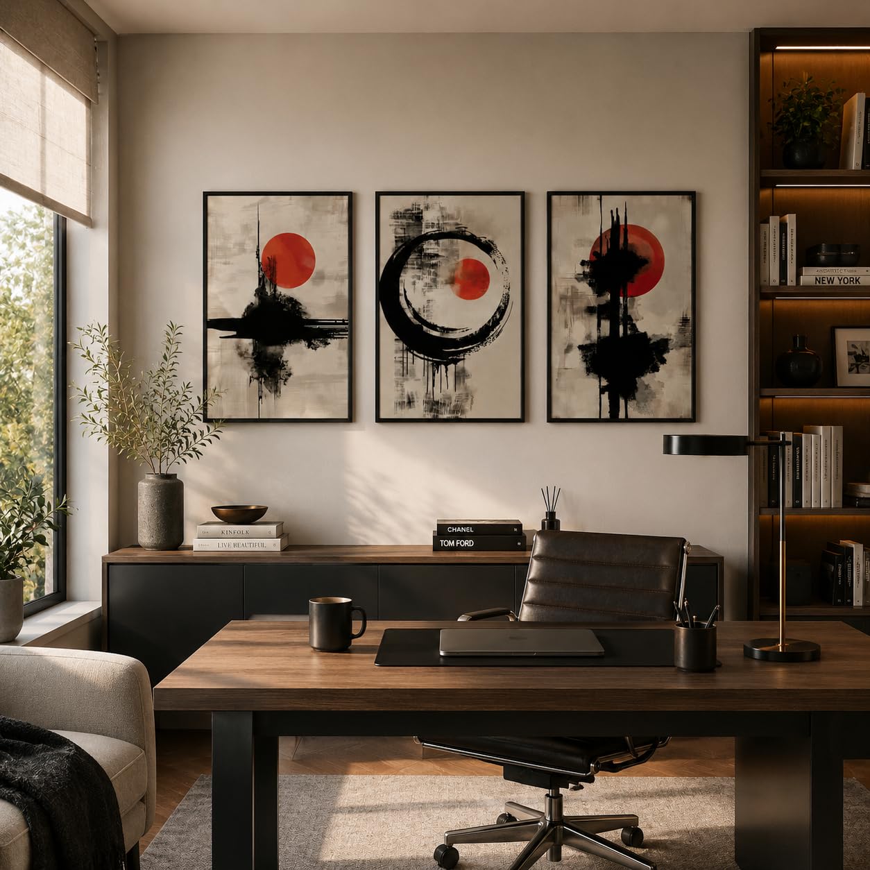 DekoArte - Cuadros decoración salón modernos zen 50x70 cm x3 con marco | Set 3 cuadros con marco negro, impresión abstracta estilo japones en tonos negros, rojos y beige, listos para colgar