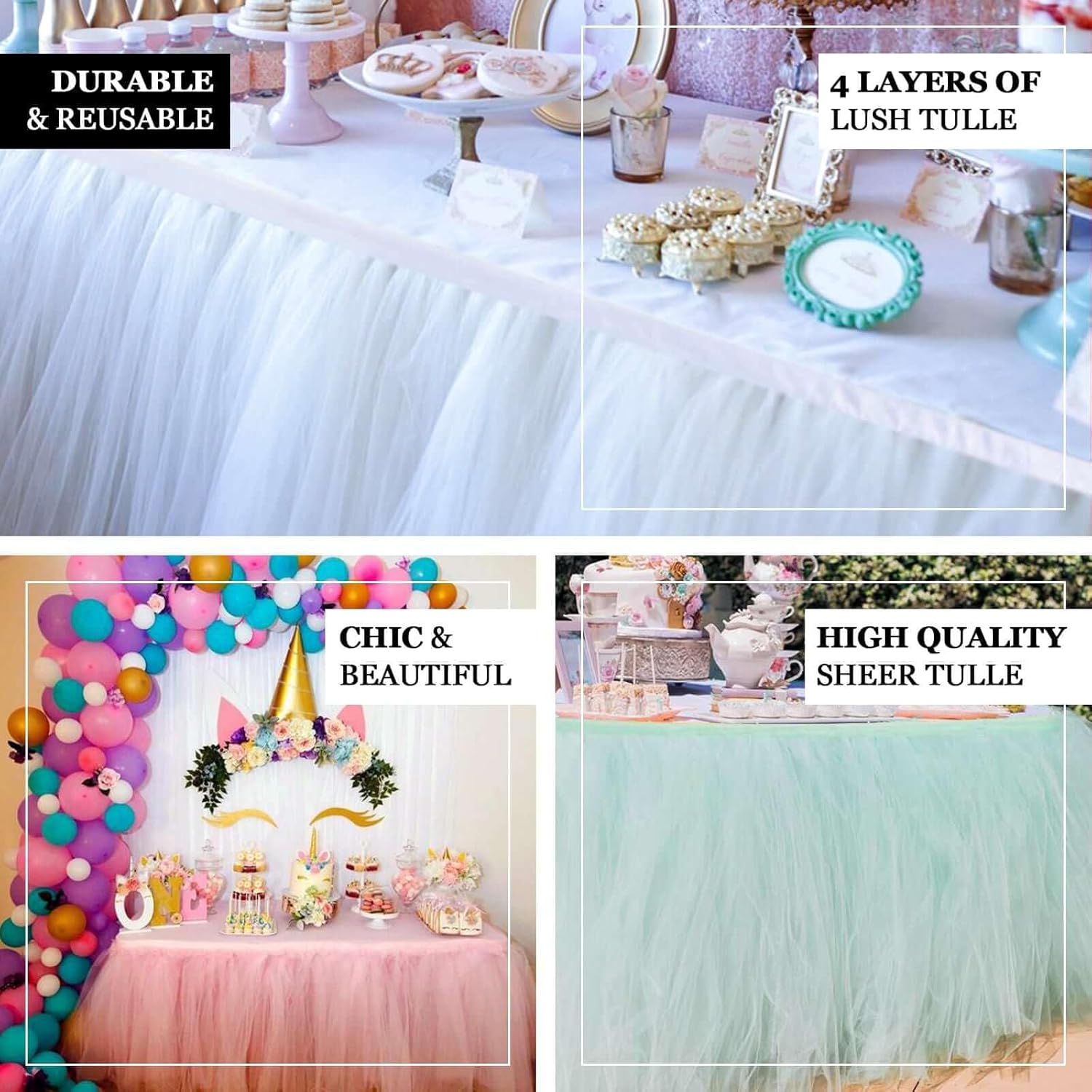 Efavormart 17ft Full Size 4 Layer Fluffy Tulle - Tutu Table Skirt for Dining Catering Wedding Birthday Party Events - Rose Quartz