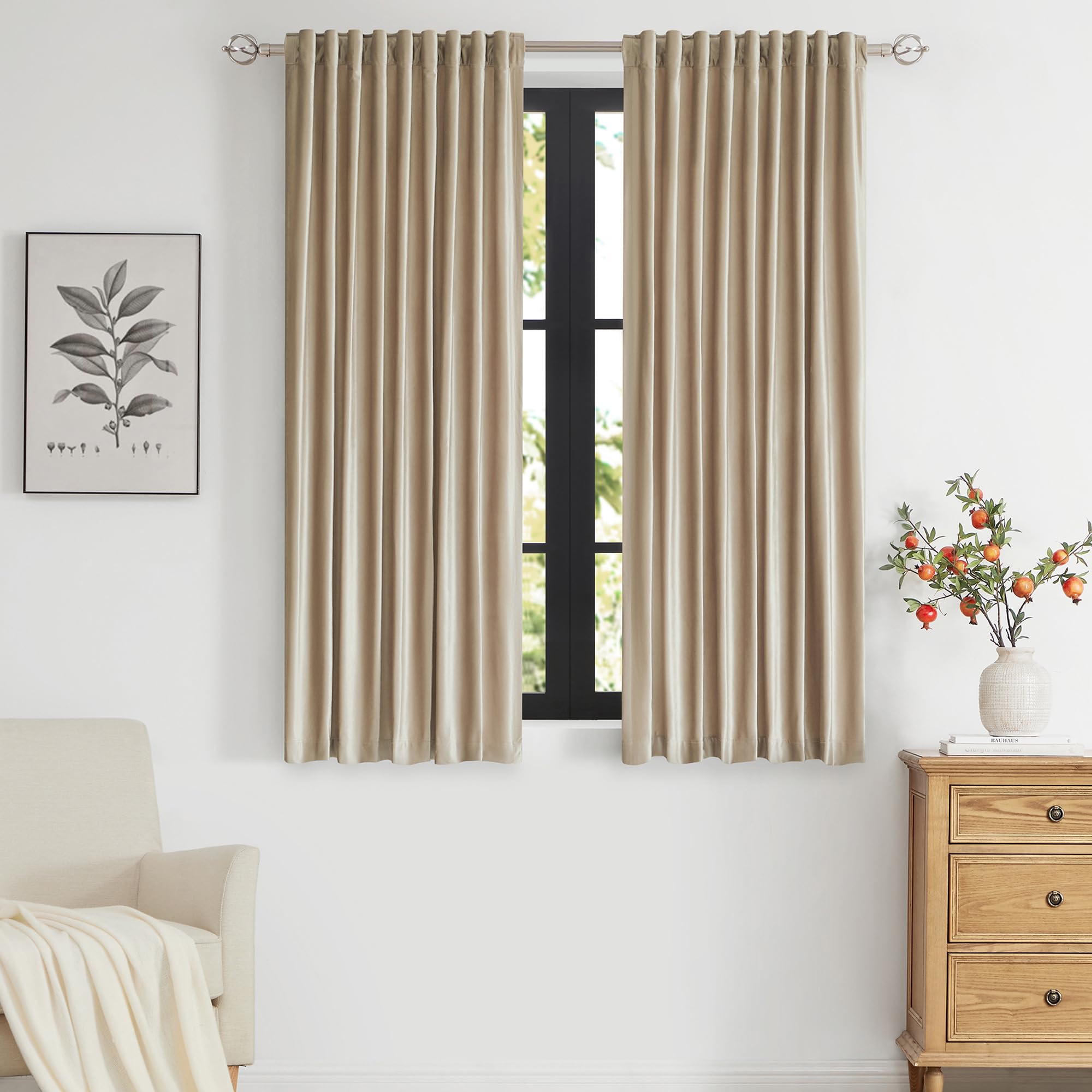 PRIMROSE Champagne Velvet Curtains 63 inch Long for Living Room,Set of 2 Panels Blackout Rod Pocket Back Tab Window Treatment Room Darkening Heavy Decorative Curtains Drapes for Bedroom — image 1