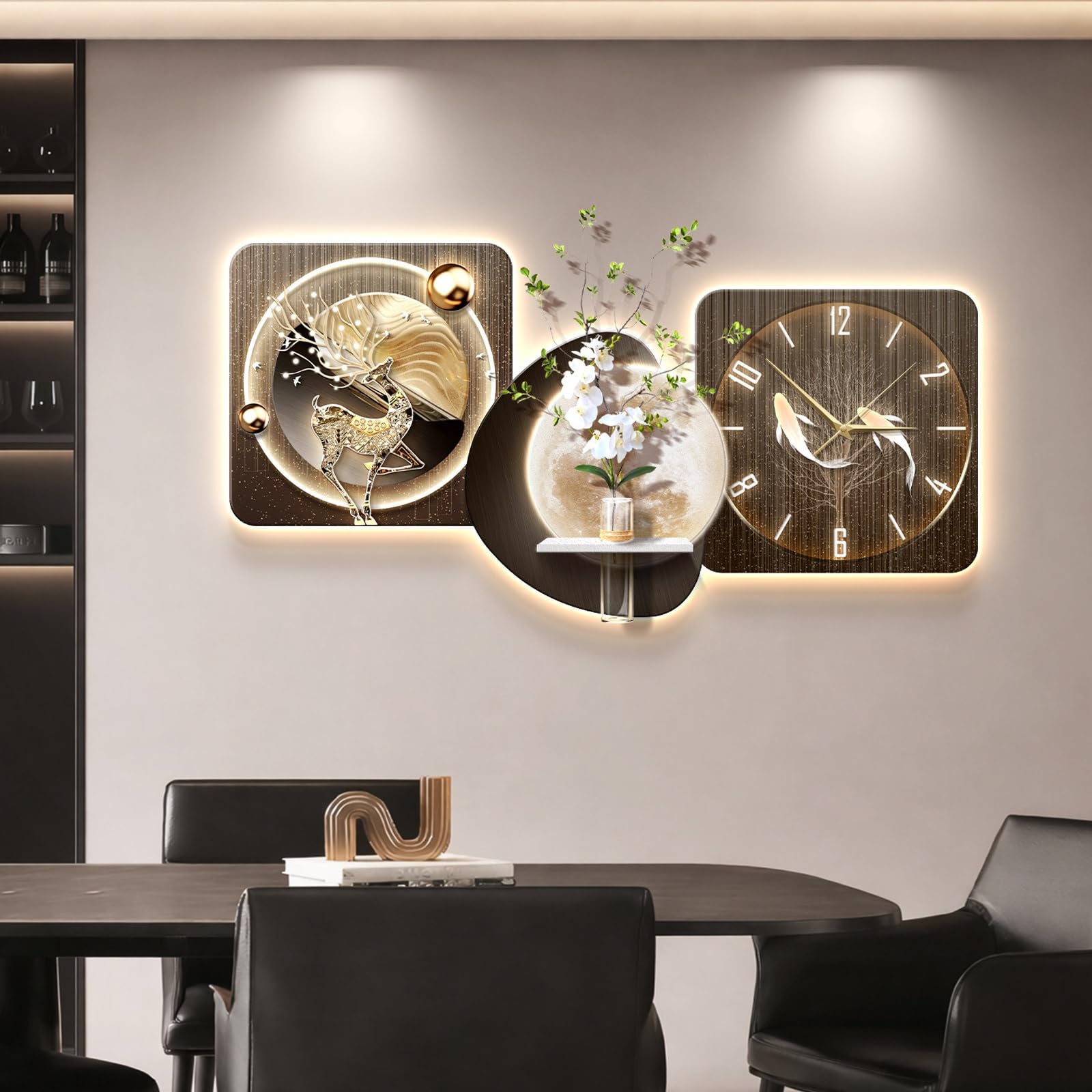 ITOSUI 3D Creative Luxury Decorative Wall Clocks,Entryway Decorative Wall Clock with Glass Vase,Stylish Wall Art with Light,for Living Room Bedroom Dining Room(Brown,47.2 * 23.6")