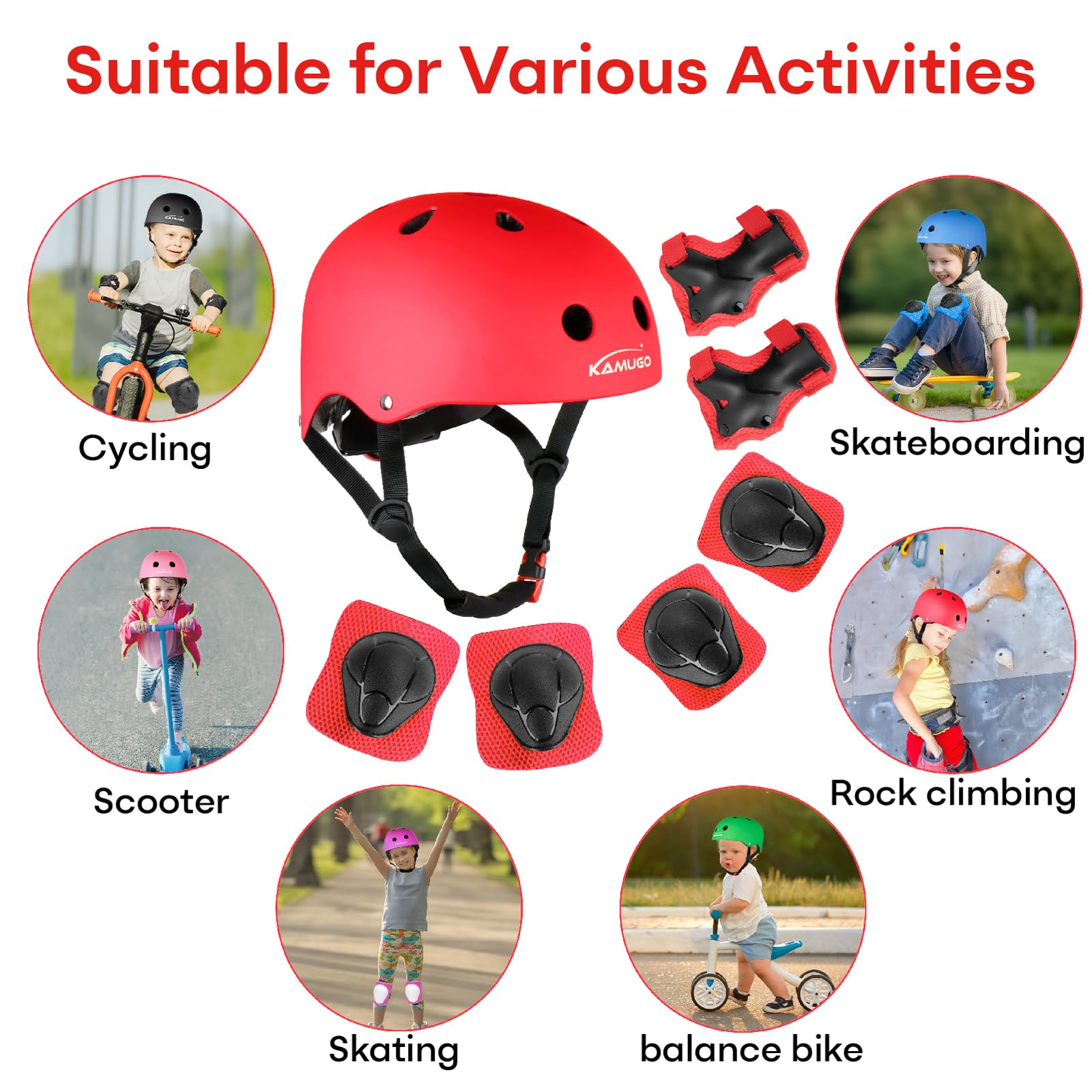 KAMUGO Casco de Bicicleta para niños, Casco para niños de 2 a 8 años, con Equipo de protección Deportivo, Rodilleras, Coderas y muñequeras para monopatín, Ciclismo, Patinete