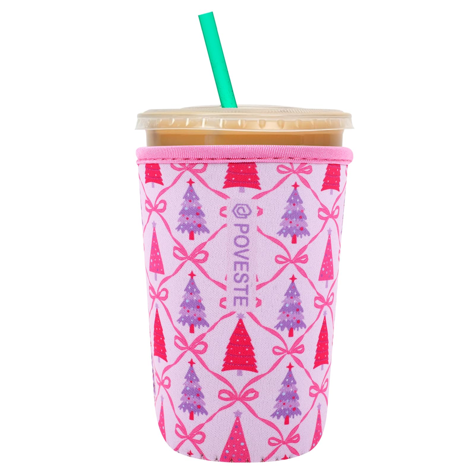 Reusable Neoprene Insulator Sleeve for Iced Coffee &amp; Cold Soda, Coffee Sleeves for Iced &amp; Hot Drinks, Cold Beverage Cooler Compatible with Starbucks, Dunkin (Christmas Tree, Medium: 22-24oz)