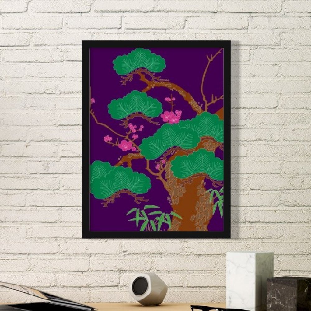 Cadeau noir peinture estampe japonaise arbre violet et vert
