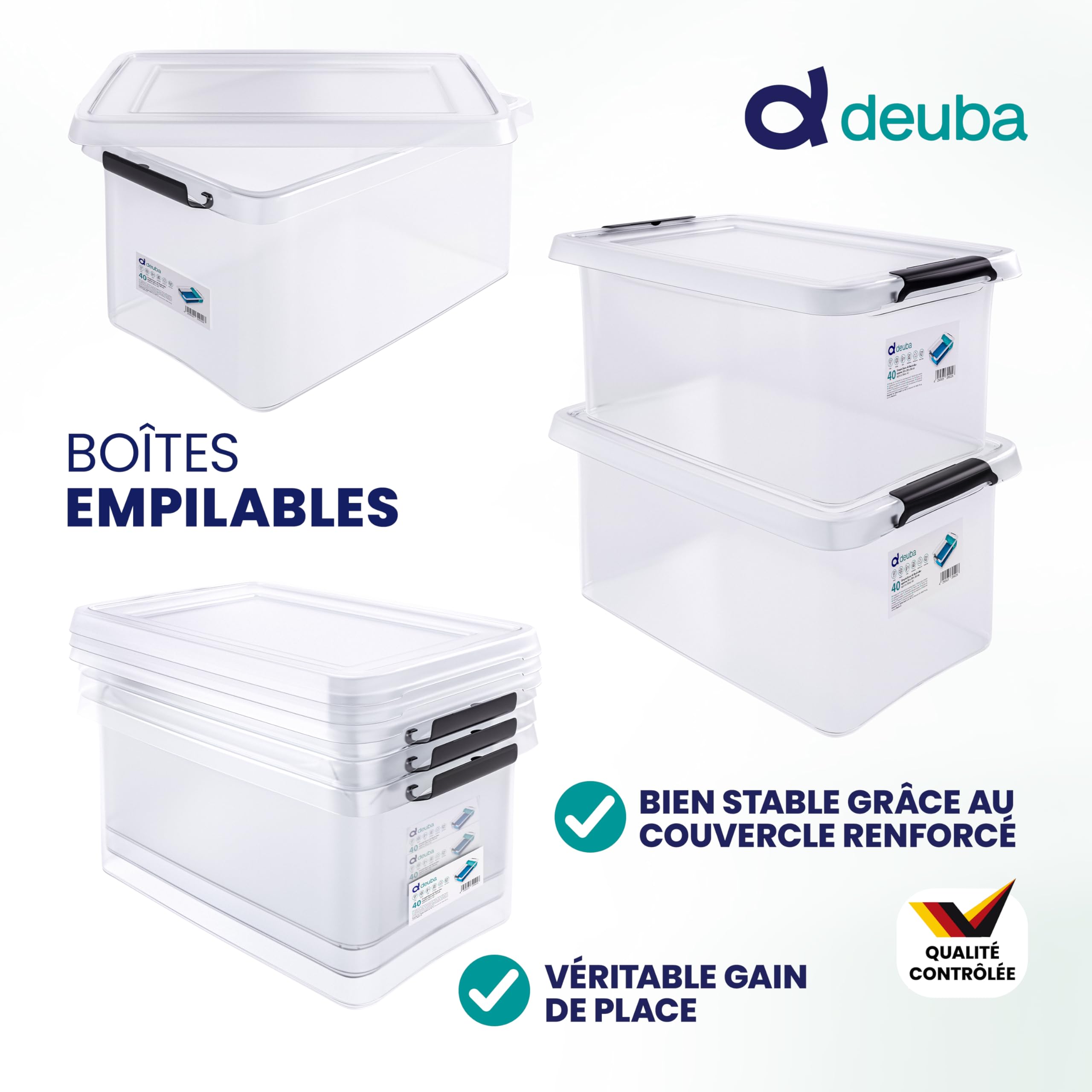 Deuba® 8x Boîte de rangement 40L en plastique transparent empilable sans BPA gain de place caisse de rangement organiseur