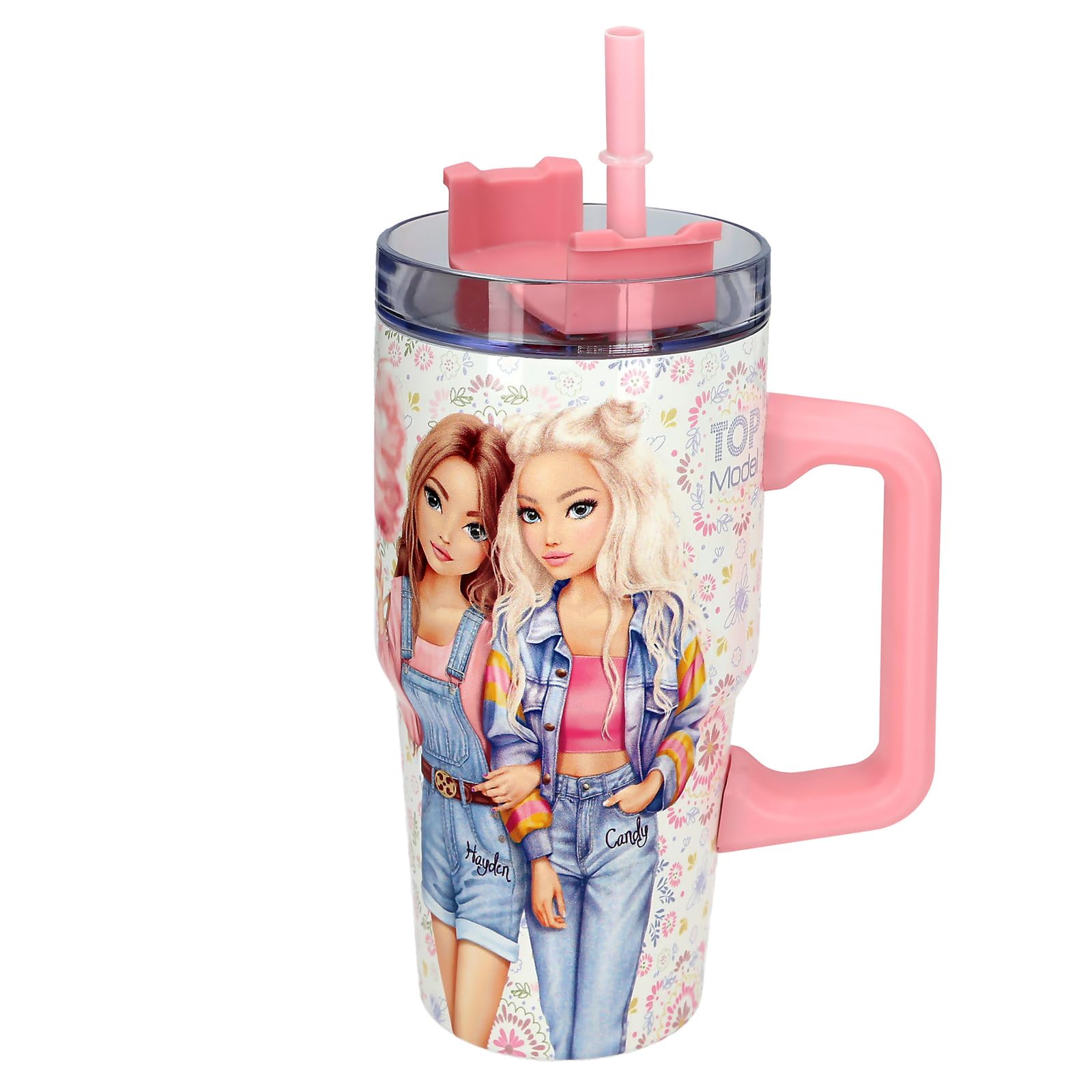 Depesche 14032 TOPModel Festival Fun - to-Go Becher aus Edelstahl, in Creme und Rosa, mit Model Motiv und Blumen-Muster, Getränkebecher mit Strohhalm, Isolierung und Griff, Fassungsv. Ca. 500 ml