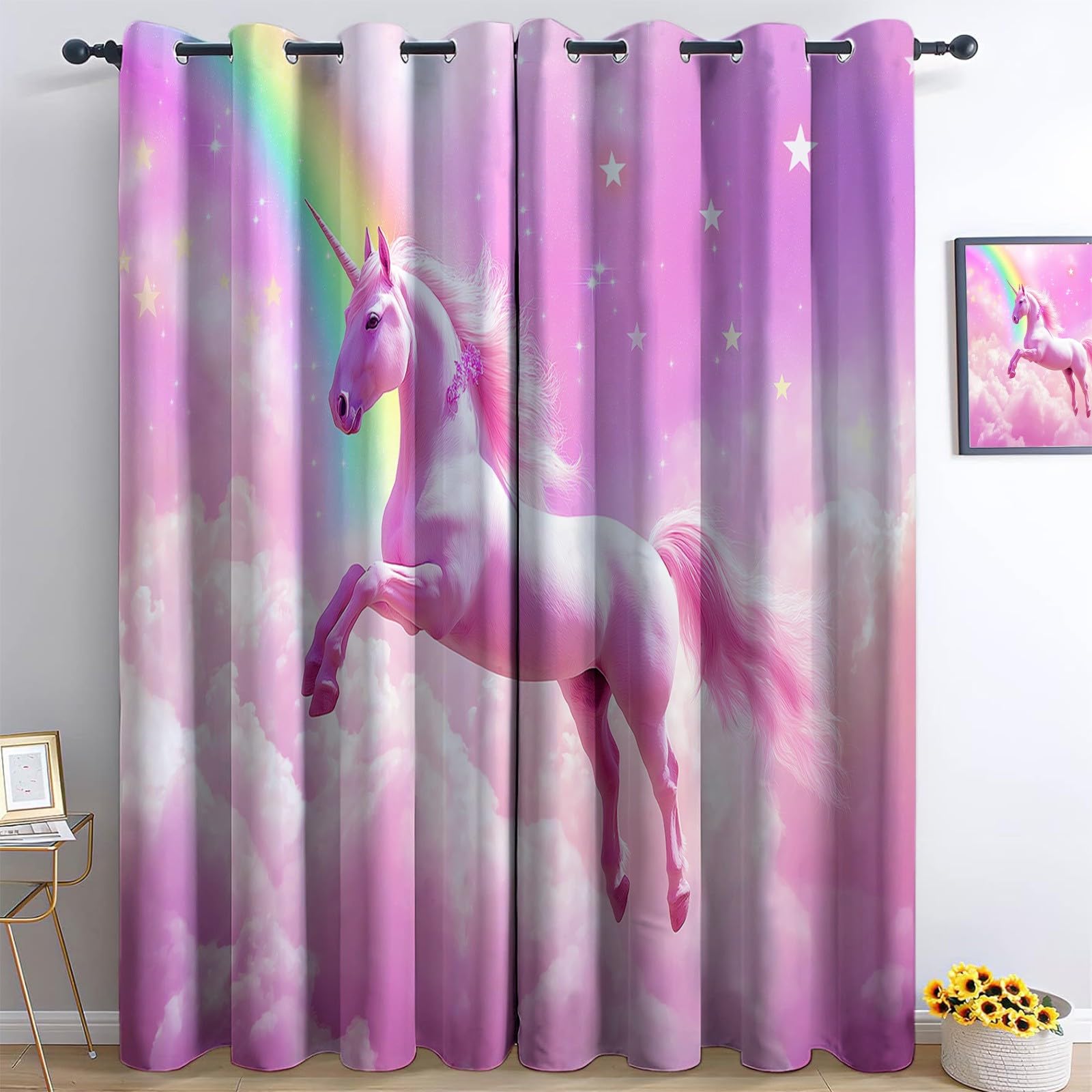 Rideaux Occultants Thermiques Licorne Arc-en-Ciel Violet, Rideaux Opaques à Œillets pour Salon et Salle à Manger, Isolation Thermique Moderne, L140 x H245 cm, Lot de 2