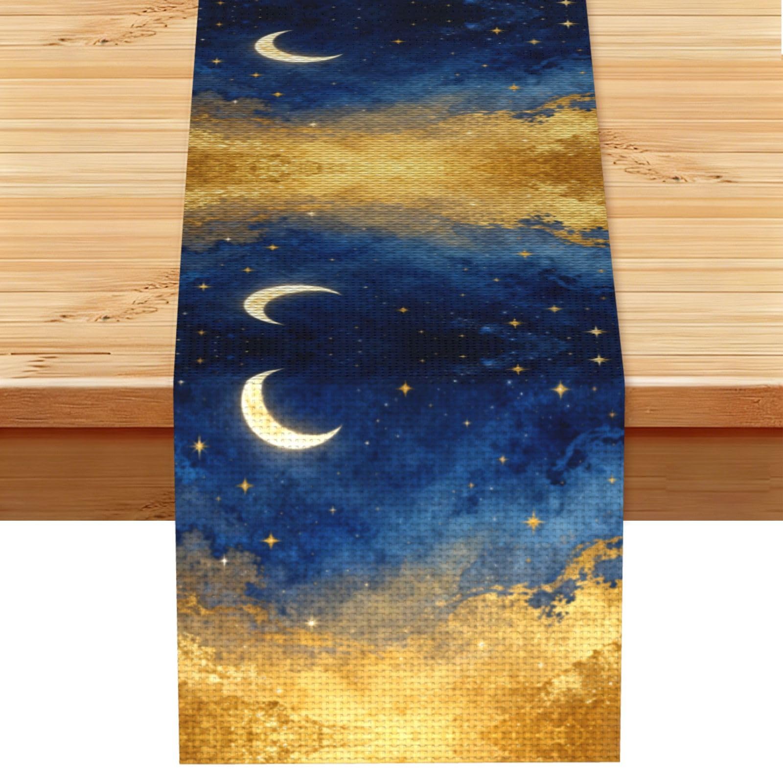 Crescent Moon Stars Linen Look Table Runner 13x72-Wrinkle Resistant Farmhouse Style for Dining Table Decor