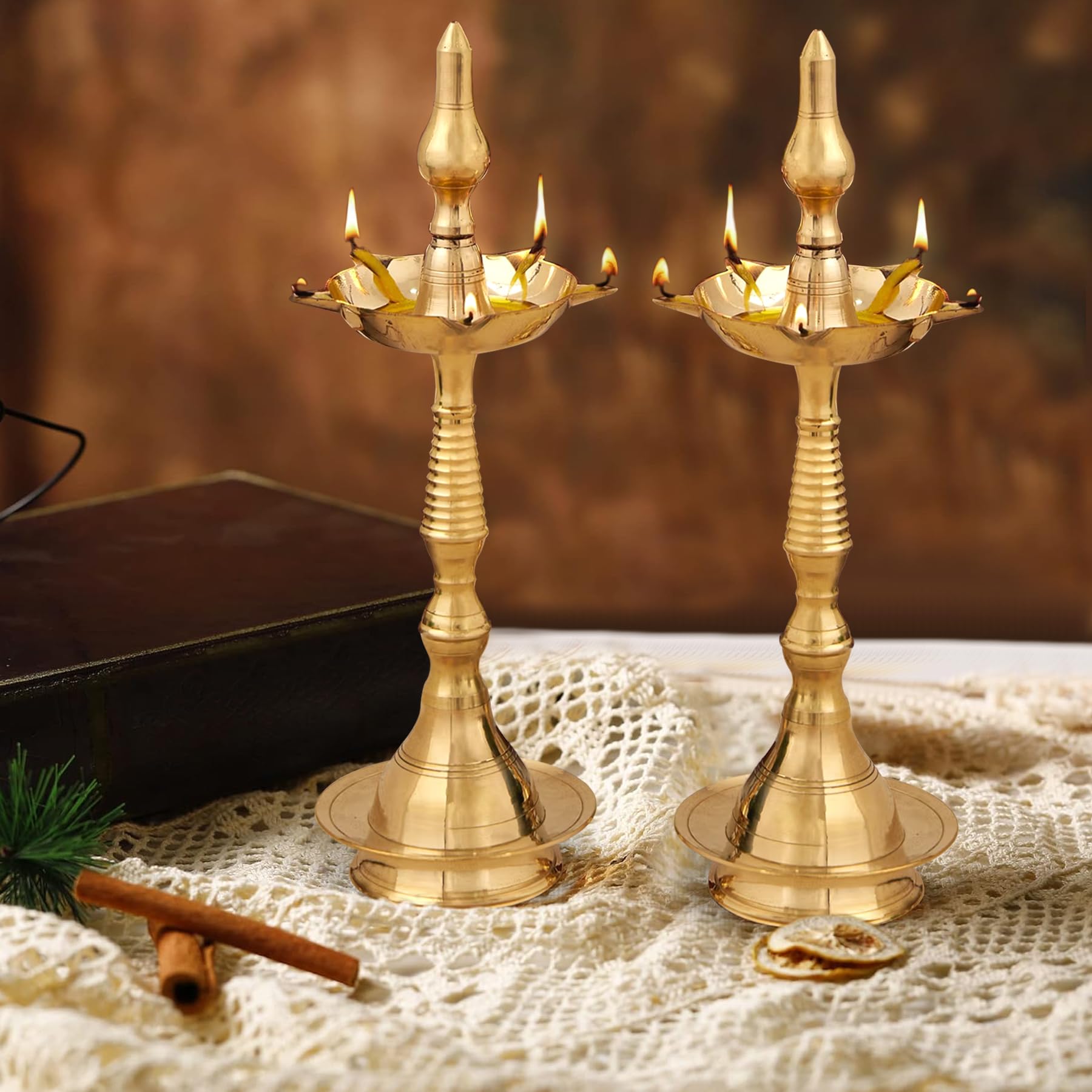 TIED RIBBONS 2 Pcs Traditional Nilavilakku Kerala Diya Brass Oil Lamp Stand (10 inch x 4 inch, Gold) for Home Decor Puja Room Temple Mandir Office Panchmukhi Diya Diwali Decorations Gift Items (B0D1VRLBY4) Amazon Price History, Amazon Price Tracker
