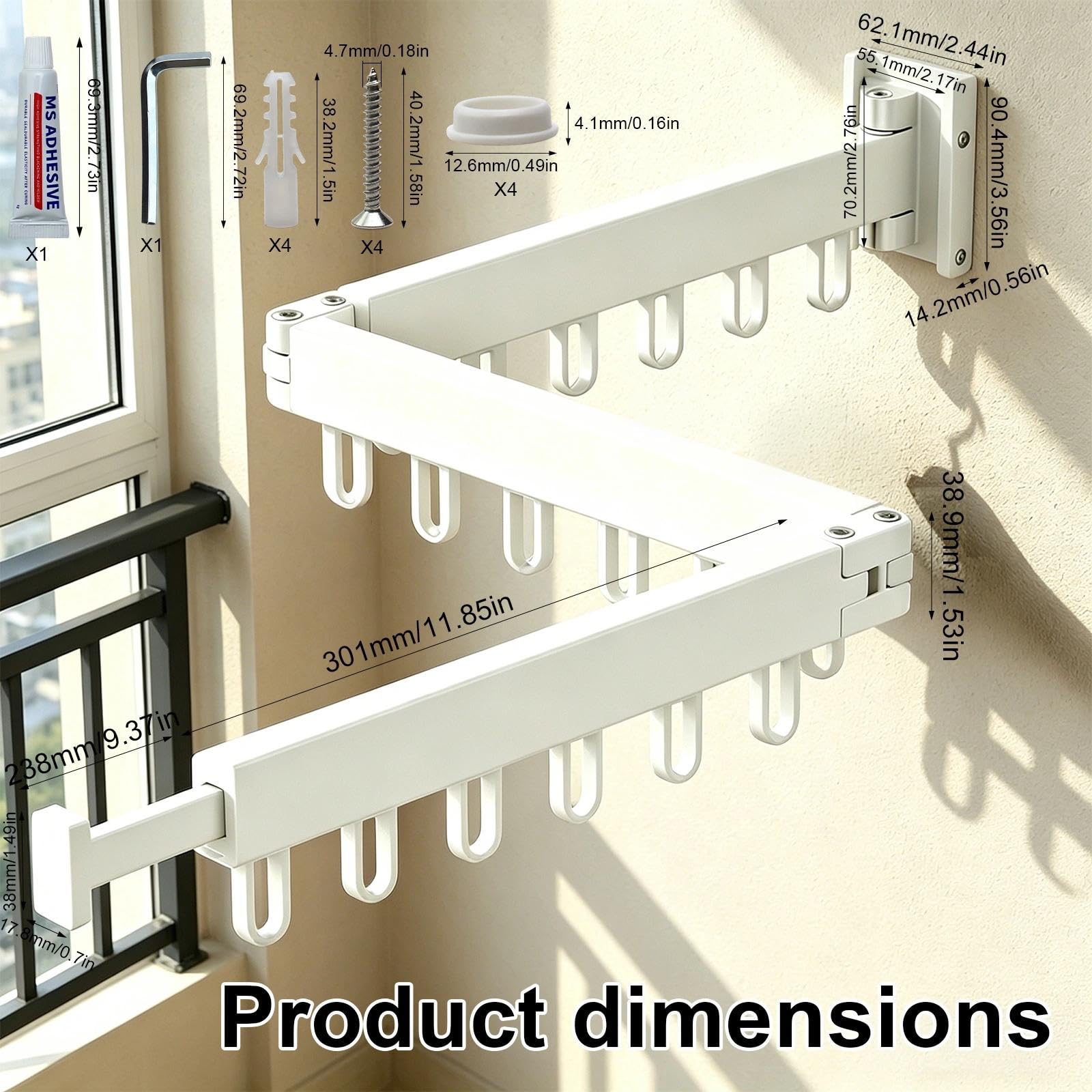 Tendedero de Pared de 120 cm con 18 Ganchos, Plegable y Extensible, Montaje 2 en 1 (taladrar o Pegar), tendedero para balcón, baño, lavandería, Color Blanco