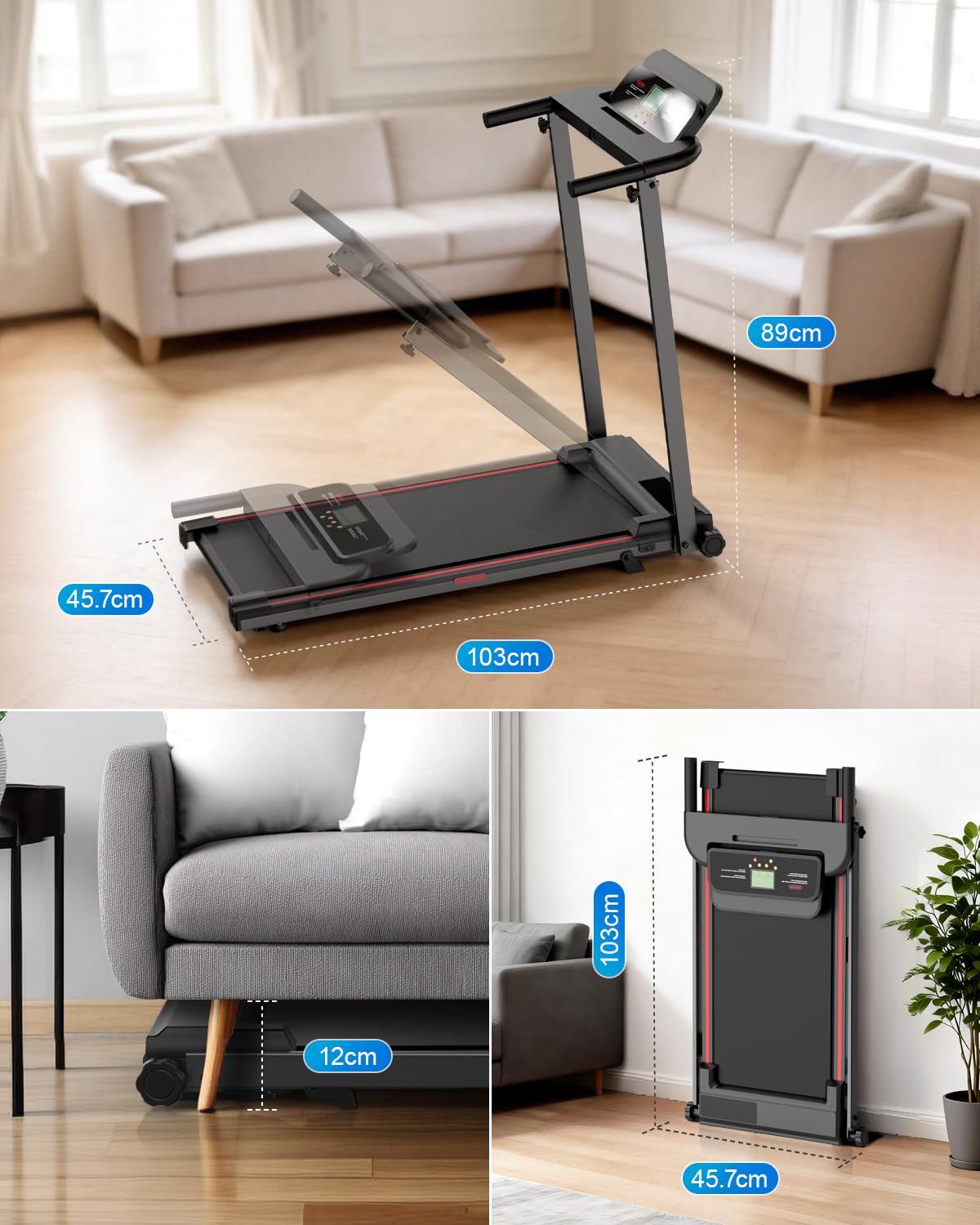 Laufband für Zuhause, Elektrisches Laufbänder mit Griff, Klappbares bis 10Km/H, Treadmill Walking Pad for Home, Leise Klein Büro Klappbar Kompakte, Anzeige 12 Voreingestellte Programme