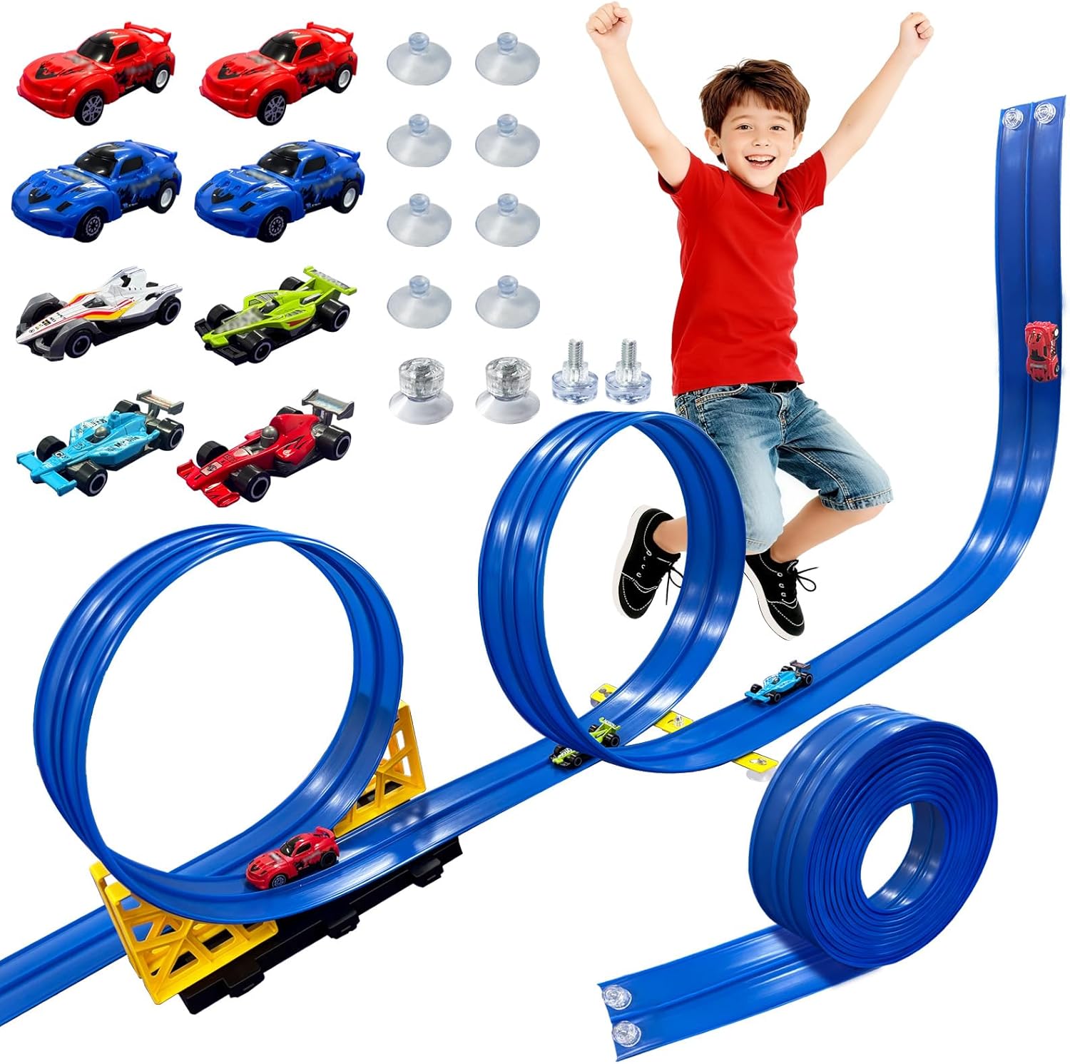 16.5 Ft Flex Race Track Car Ramps for Kids, Portable DIY Race Car Track Play Set Compatible with Standard 1:64 Scale Die-Cast Cars, Toy Gift for Boys & Girls Ages 3+,8 Vehicles That can be flexibly.