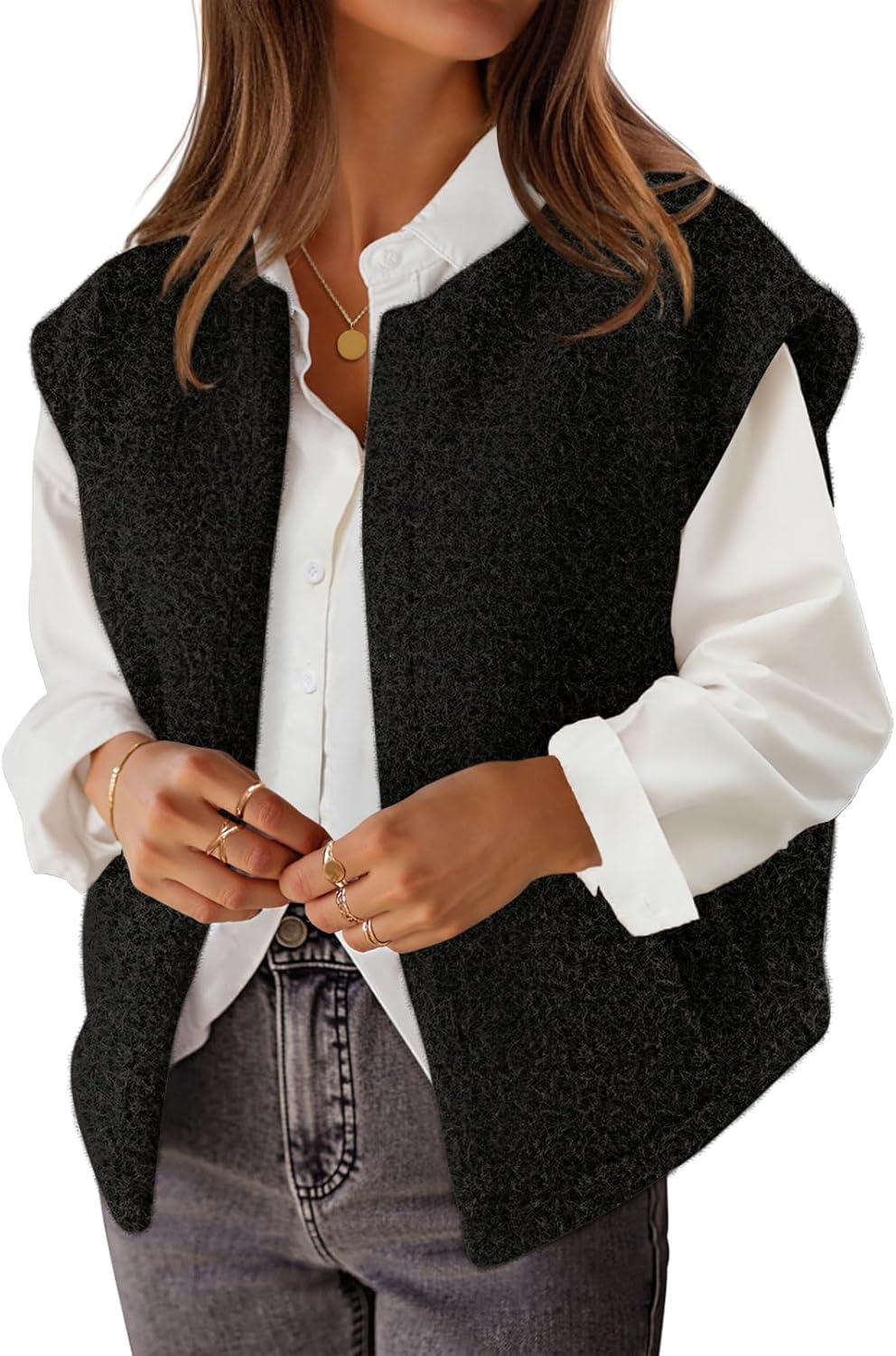 MEROKEETY Women's Sleeveless Sherpa Lined Vest 2026 Oversized Outerwear with Pockets