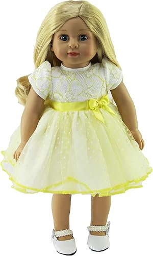 Miniatura 2 de American Fashion World Vestido de lunares de encaje blanco y amarillo para muñecas de 18 pulgadas  Calidad premium y diseño moderno  Ropa de muñecas