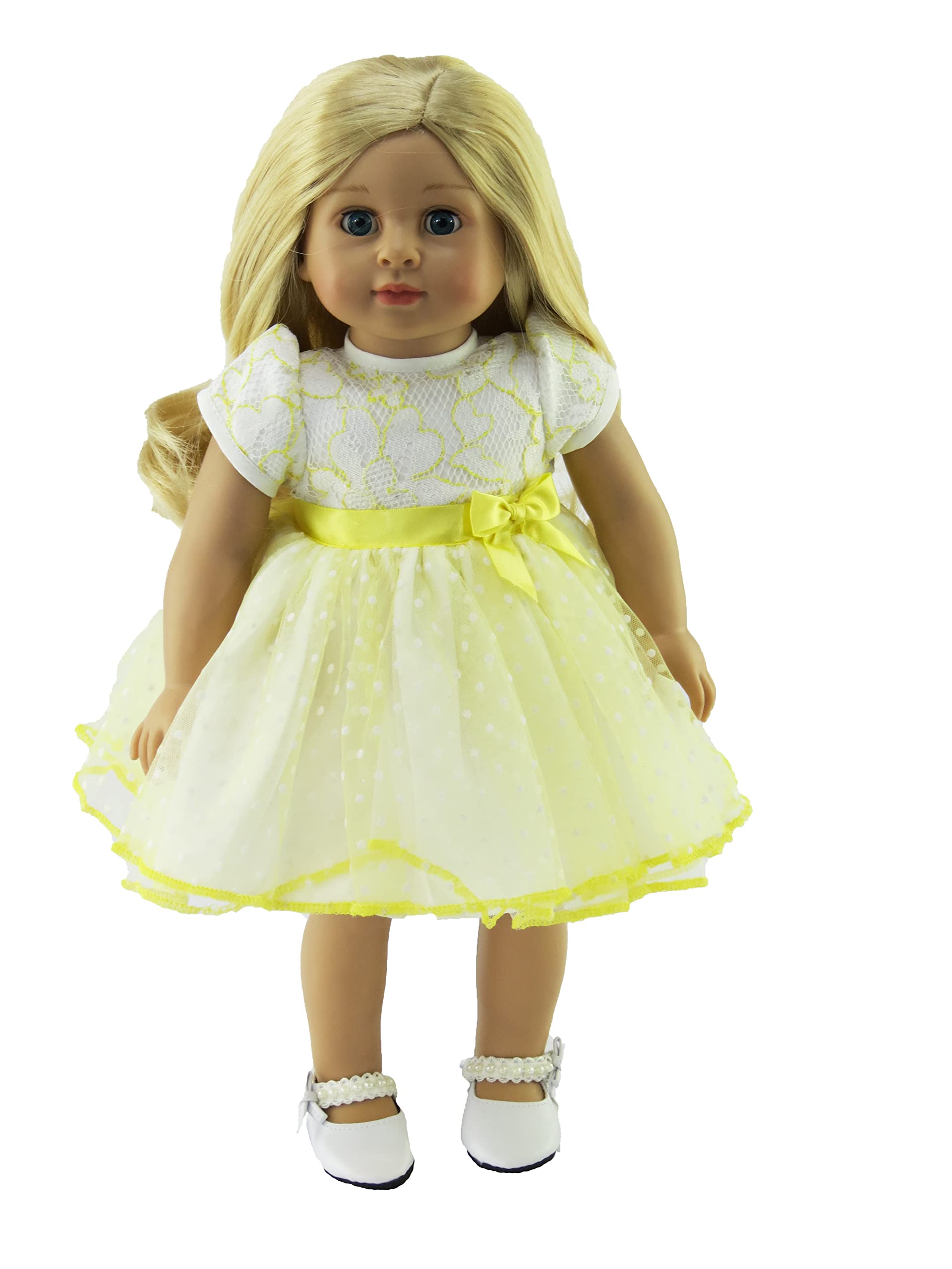 American Fashion World White and Yellow Lace Polka Dot Dress for 18-Inch Dolls | Premium Quality & Trendy Design | Dolls Clothes | Outfit Fashions for Dolls for Popular Brands