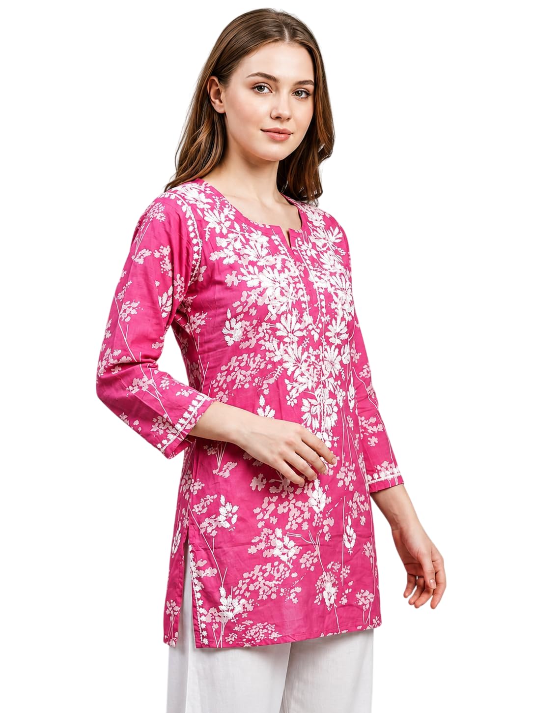 Women's Mulmul Cotton Floral Short Kurti (30 Inch) | Chikankari Style Ethnic Tunic Top for Office-picture-31