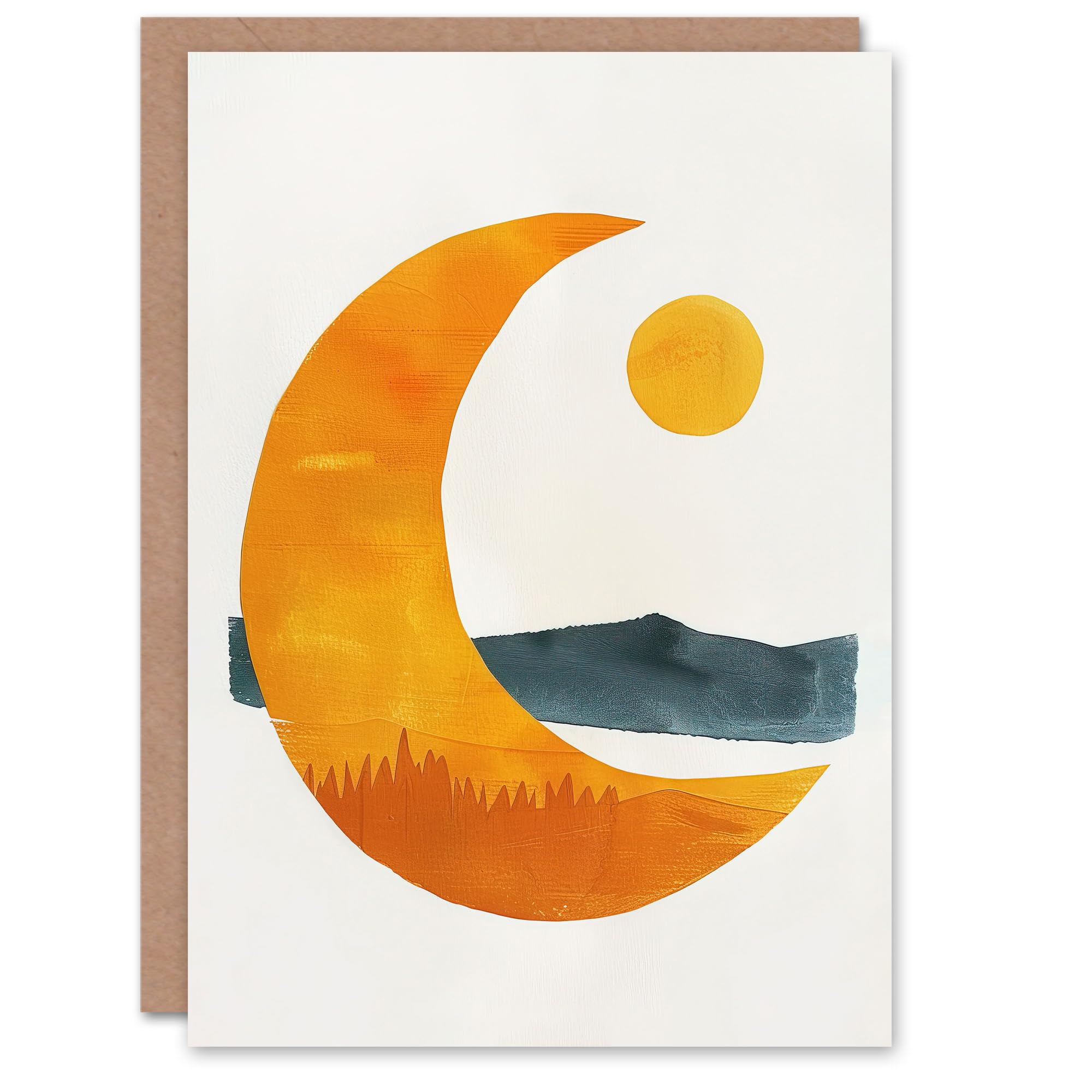 Artery8 Greeting Card Abstract Crescent Moon Sun Sea Orange Blue Boho Blank For Him Or Her Art Birthday Card