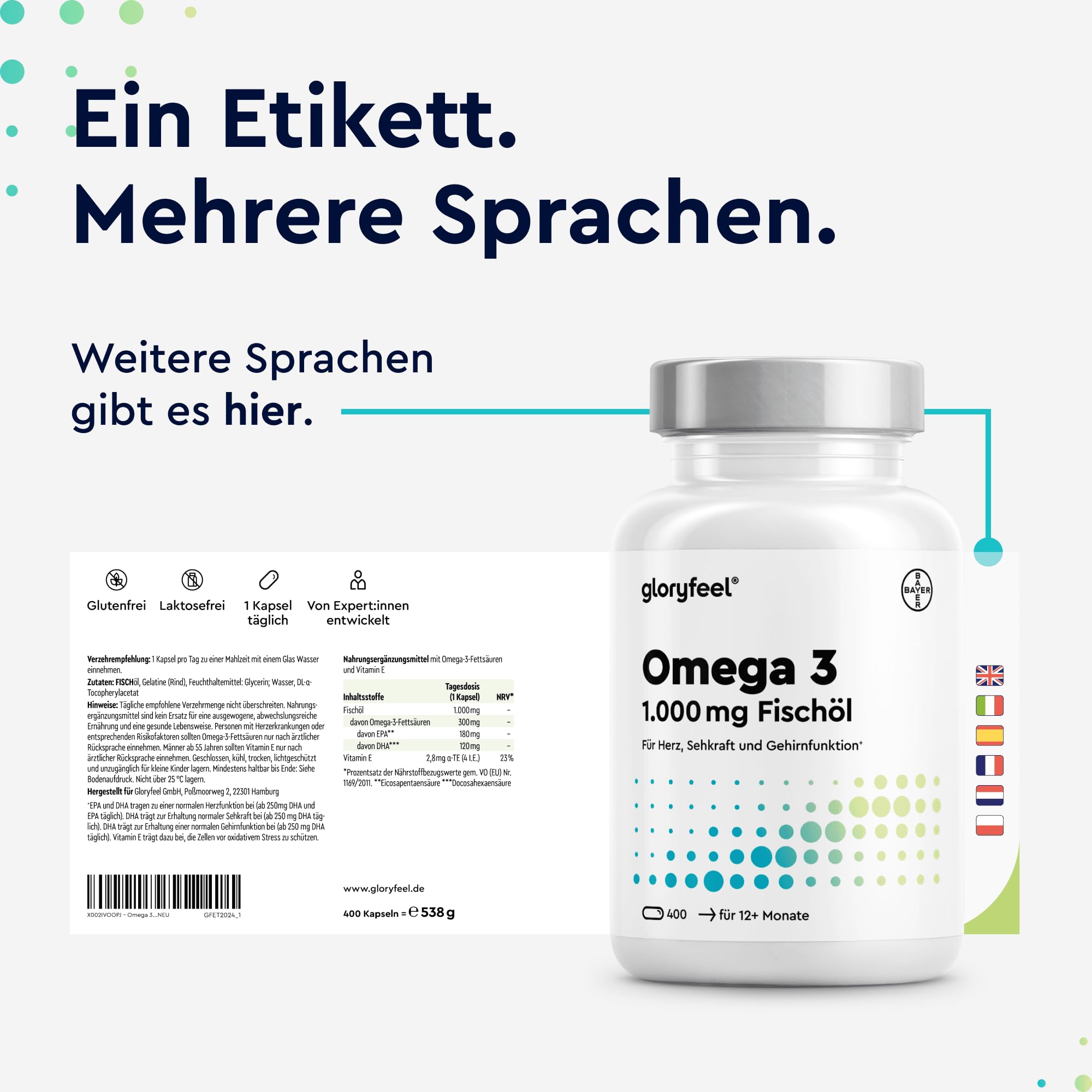 Omega 3 400 Kapseln - 1.000 mg Fischöl pro Kapsel - Essentielle Omega 3 Fettsäuren EPA & DHA - Laborgeprüft, in Deutschland entwickelt