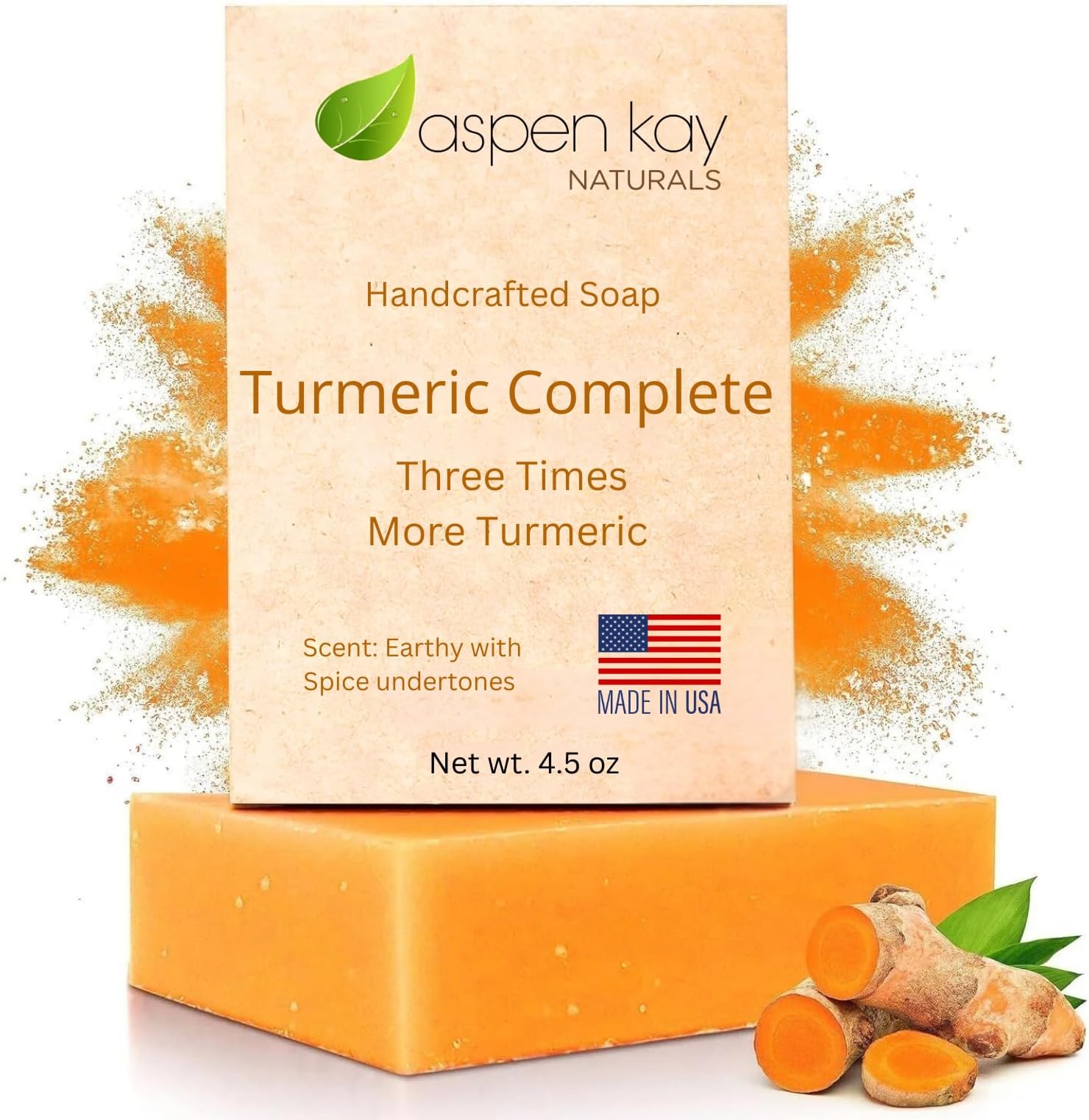 Aspen Kay Naturals Turmeric Soap for Face & Body - With Organic Shea Butter, Chamomile & Calendula - Gentle Turmeric Face Wash, All Skin Types, Made in USA 4.5 oz Bar